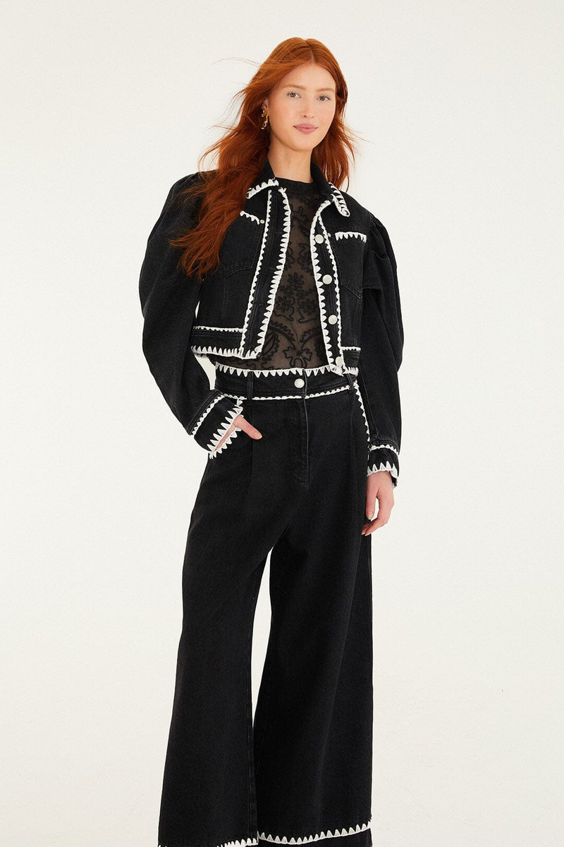 Black Crochet Embroidery Wide-Leg Denim Pants 4