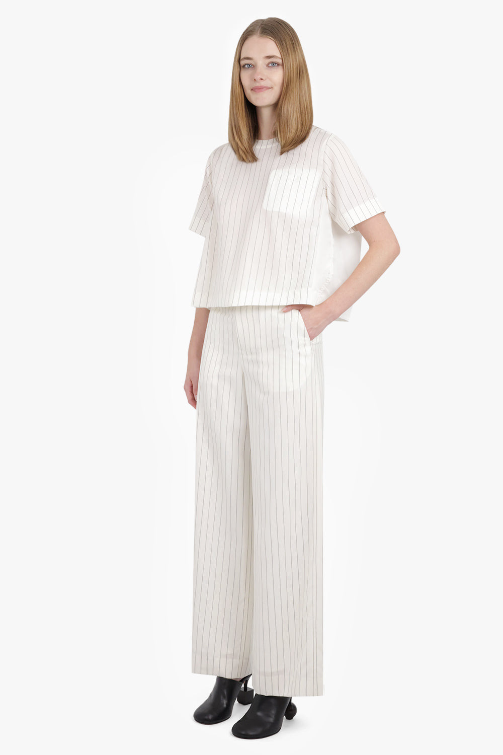 HIGH WAISTED STRAIGHT LEG STRIPE PANT | OFF WHITE/BLACK - 2