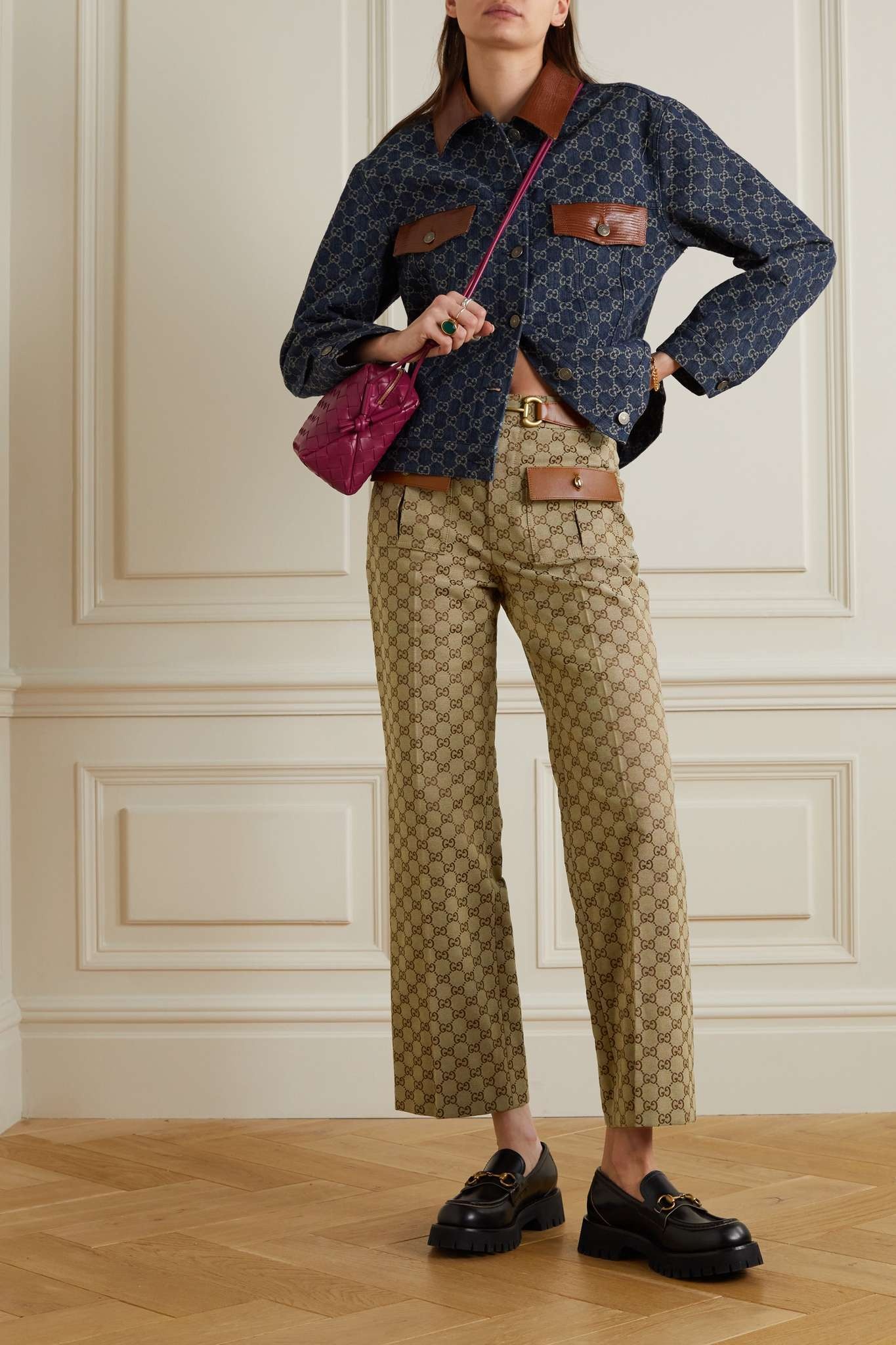 GUCCI Leather-trimmed cotton-blend canvas-jacquard flared pants