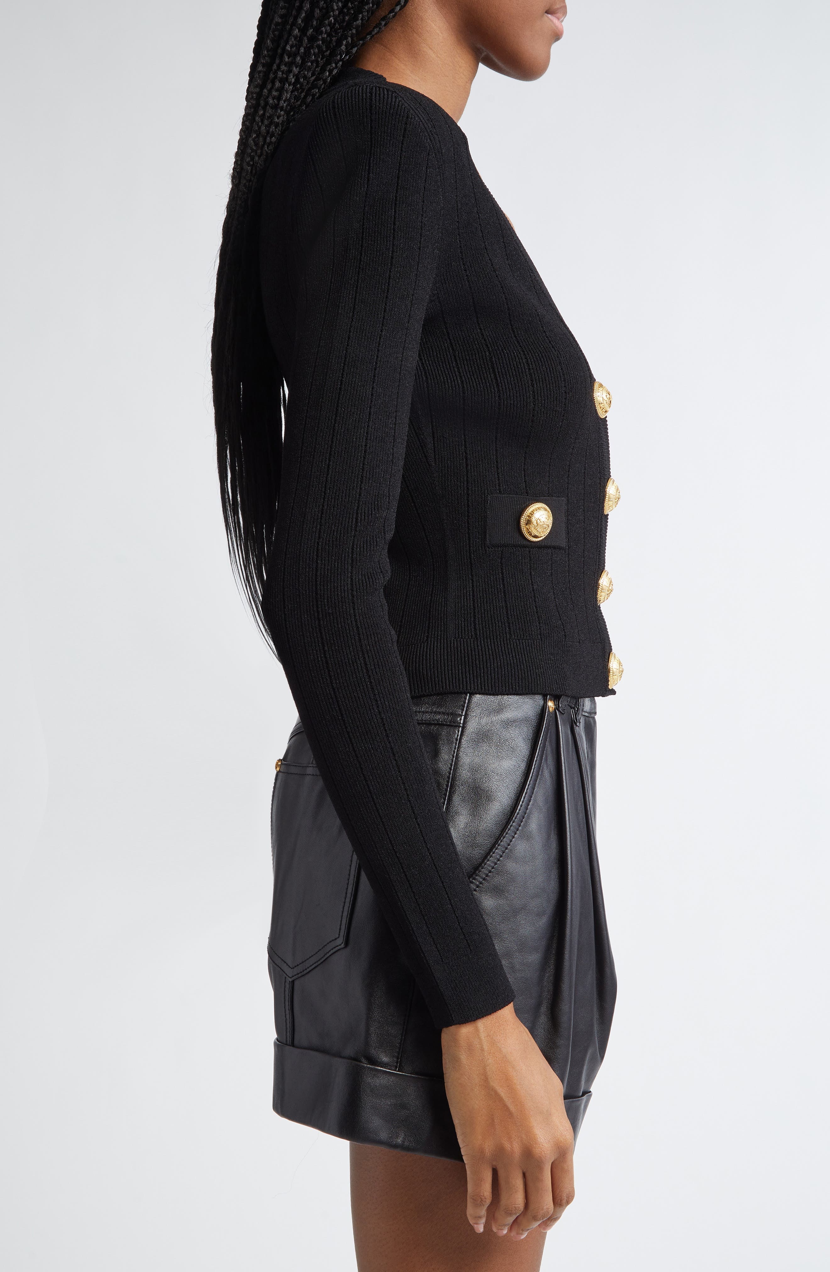 Balmain Button Detail Rib V-Neck Cardigan in Black at Nordstrom - 4