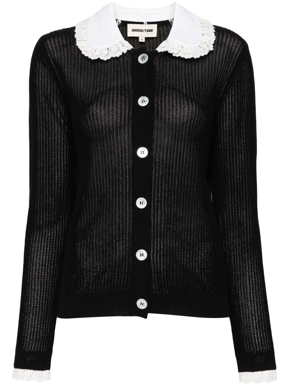 contrasting-collar lace-trim cardigan - 1