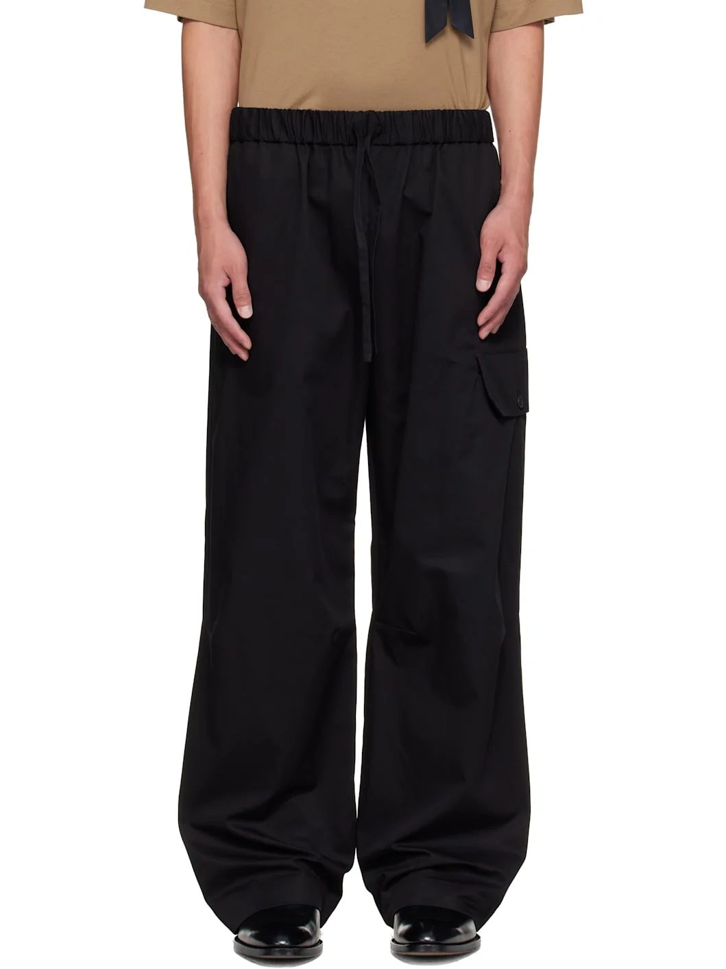 Black Drawstring Knee Pleat Cargo Pants - 1