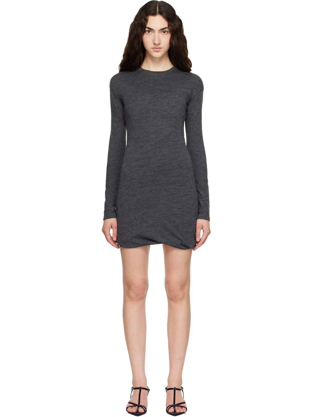 Gray Long Sleeves Crew Neck Double Layer Minidress - 1