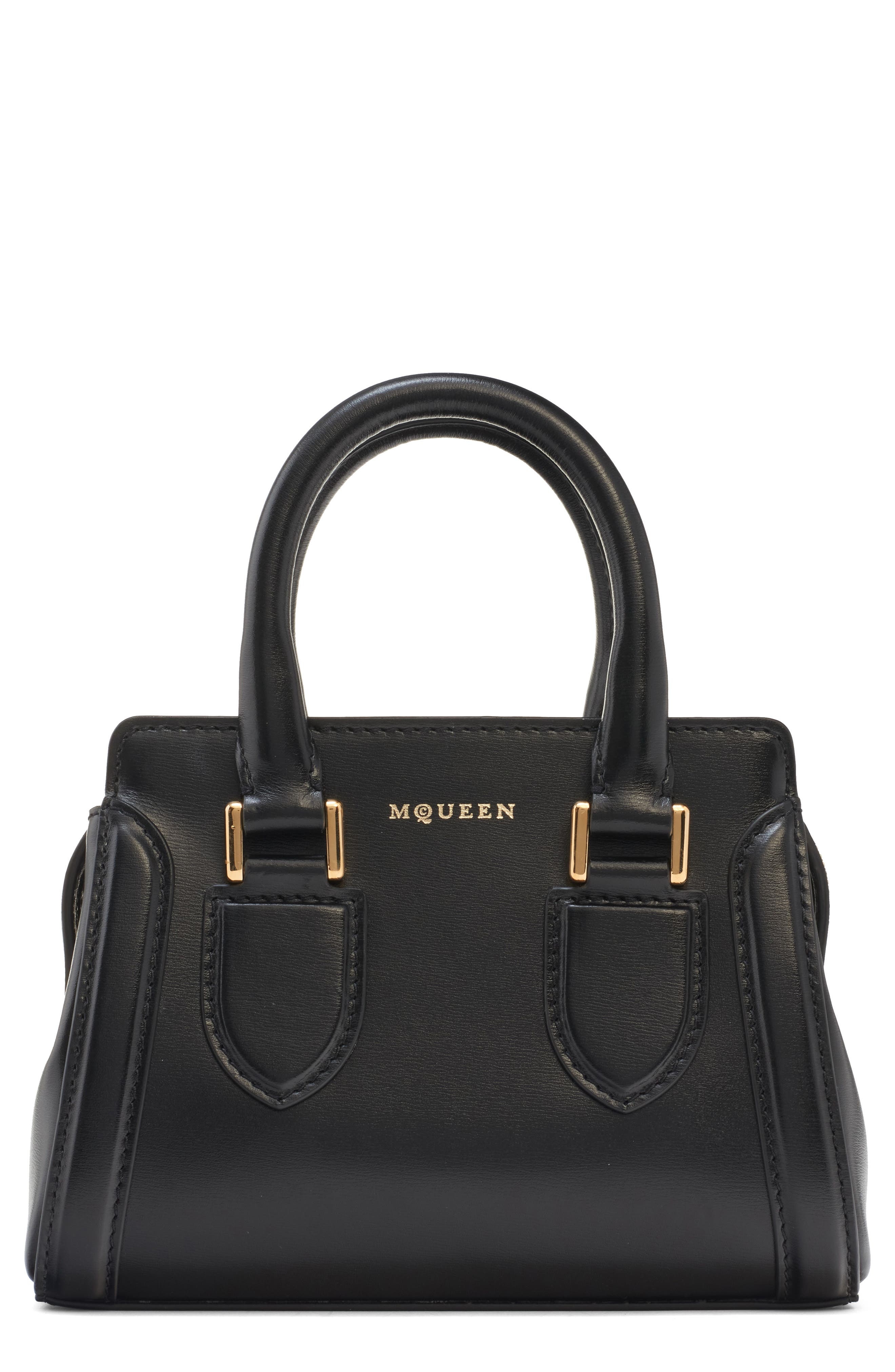 McQueen Mini Birdee Leather Top Handle Bag in Black/Gold at Nordstrom - 1