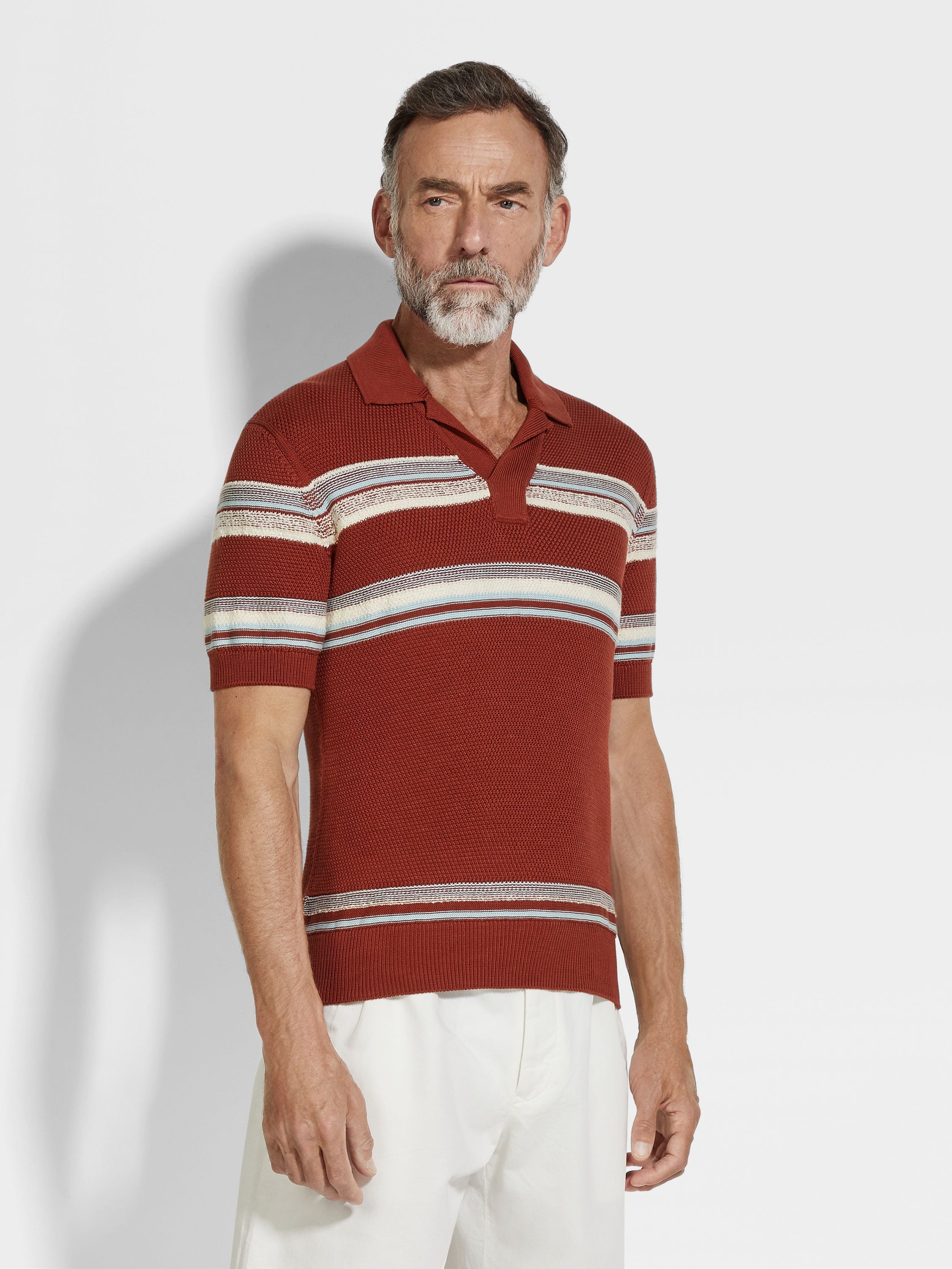 BRICK RED LIGHT BLUE AND WHITE COTTON AND SILK POLO SHIRT - 4