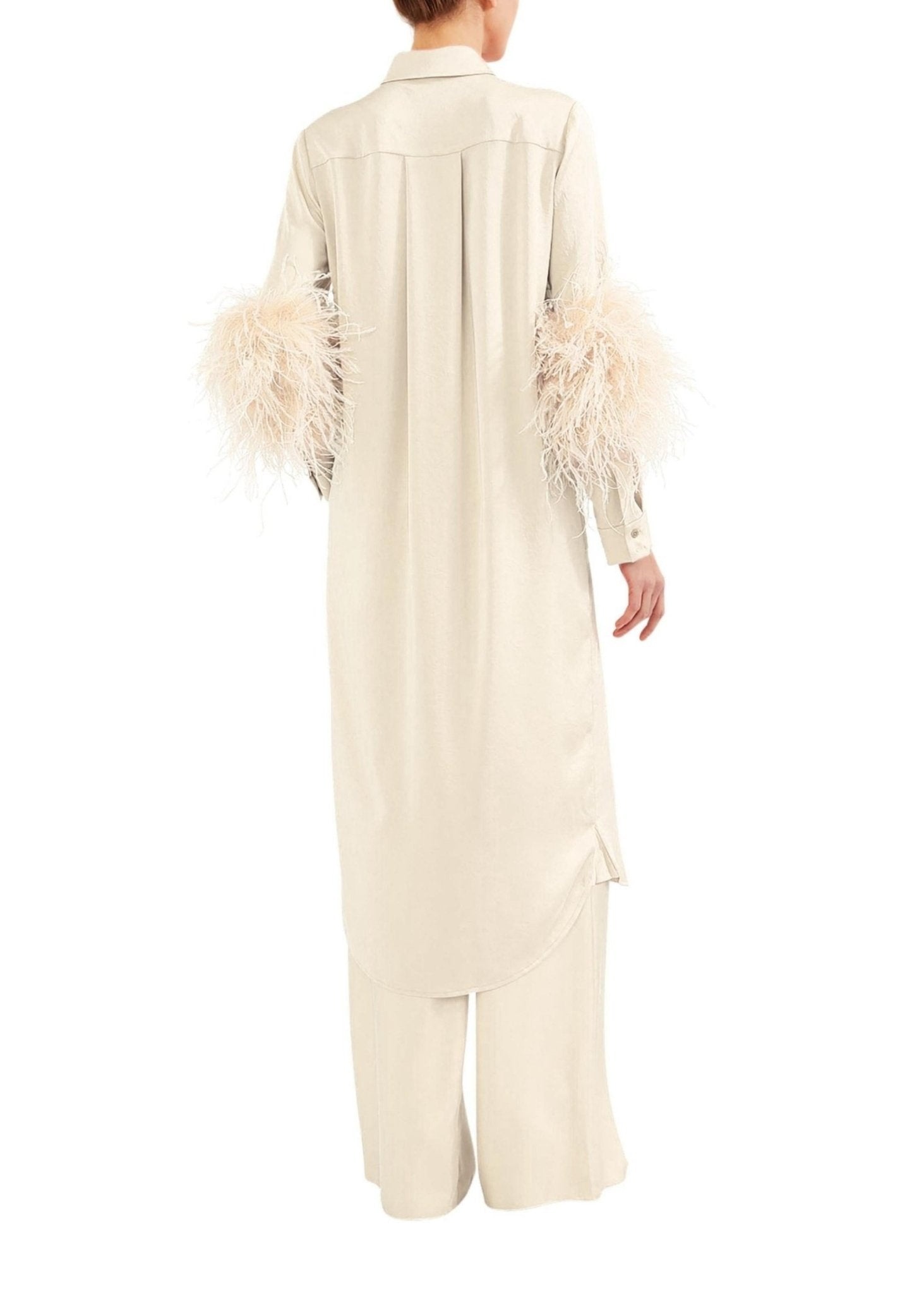 Satin Button Down Dress With Feathers - 3