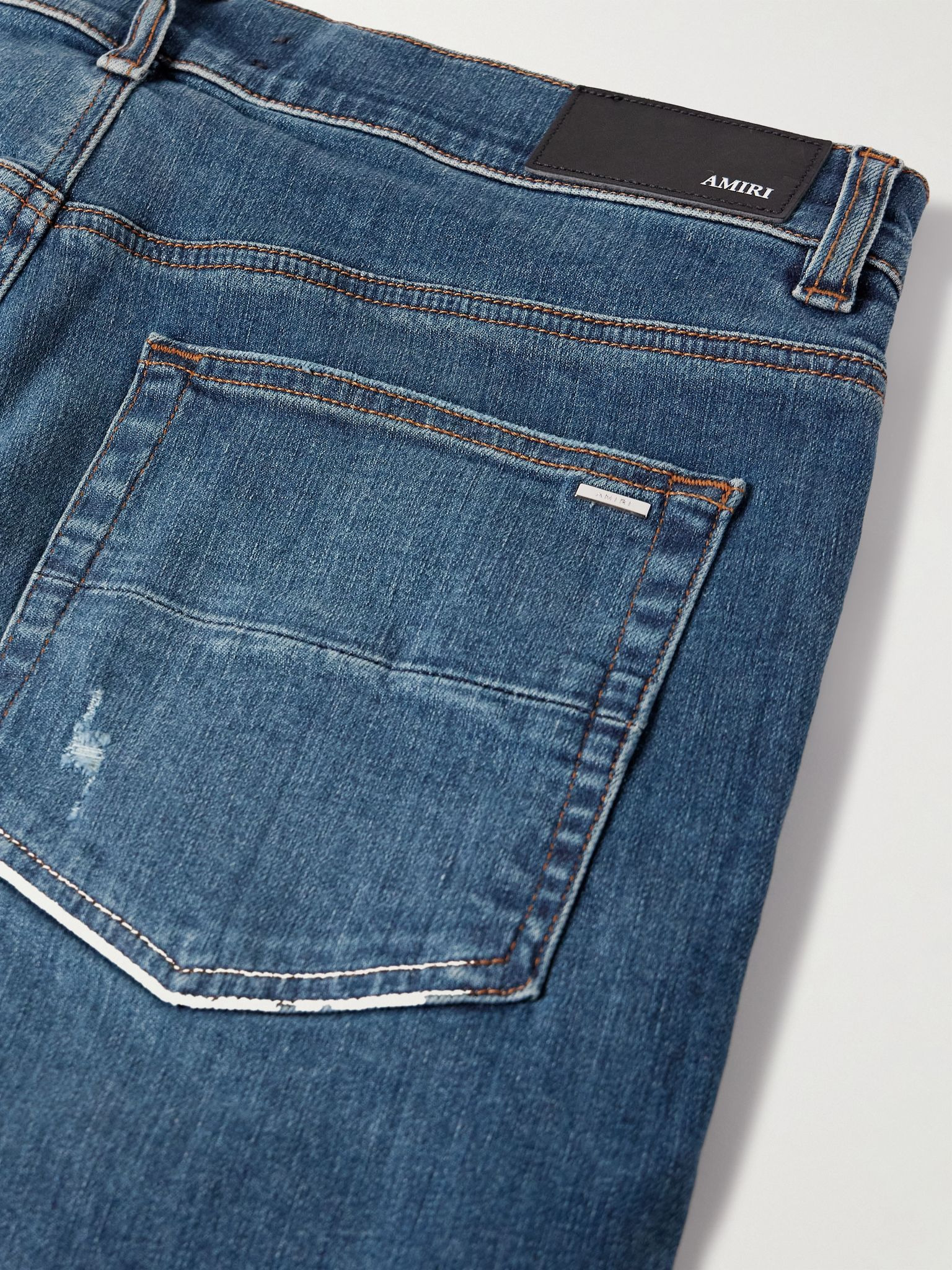 Thrasher Slim-Fit Distressed Croc-Effect Leather-Trimmed Panelled Jeans Blue - 5