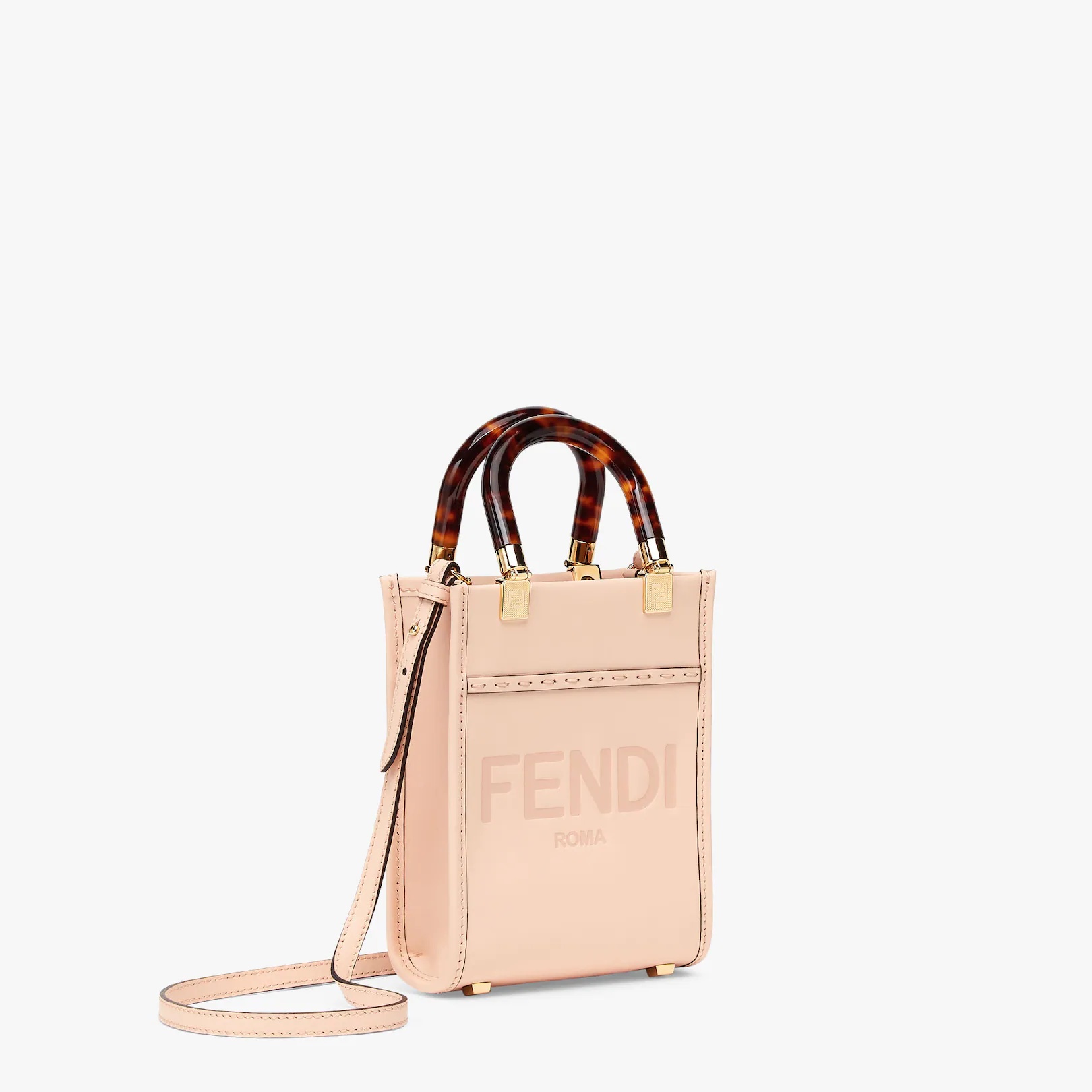 Mini Sunshine Shopper bag in pale pink leather with hot-stamped FENDI ROMA print and tortoiseshell-e - 2