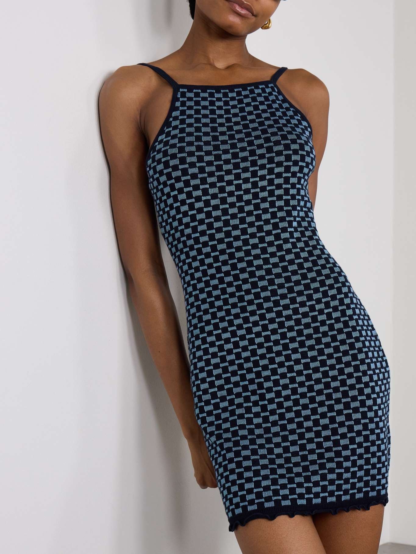 Ruffled checked knitted cotton and silk-blend mini dress - 3