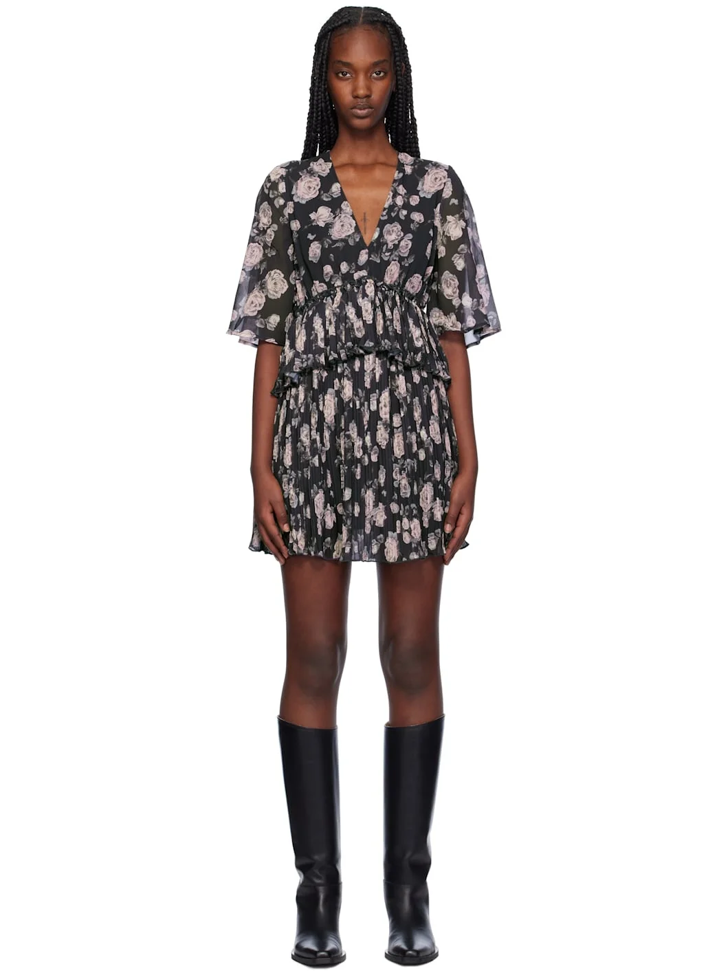 Black Floral Printed Pleated Minidress - 1