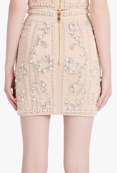 Short embroidered light nude high-waisted skirt - 8