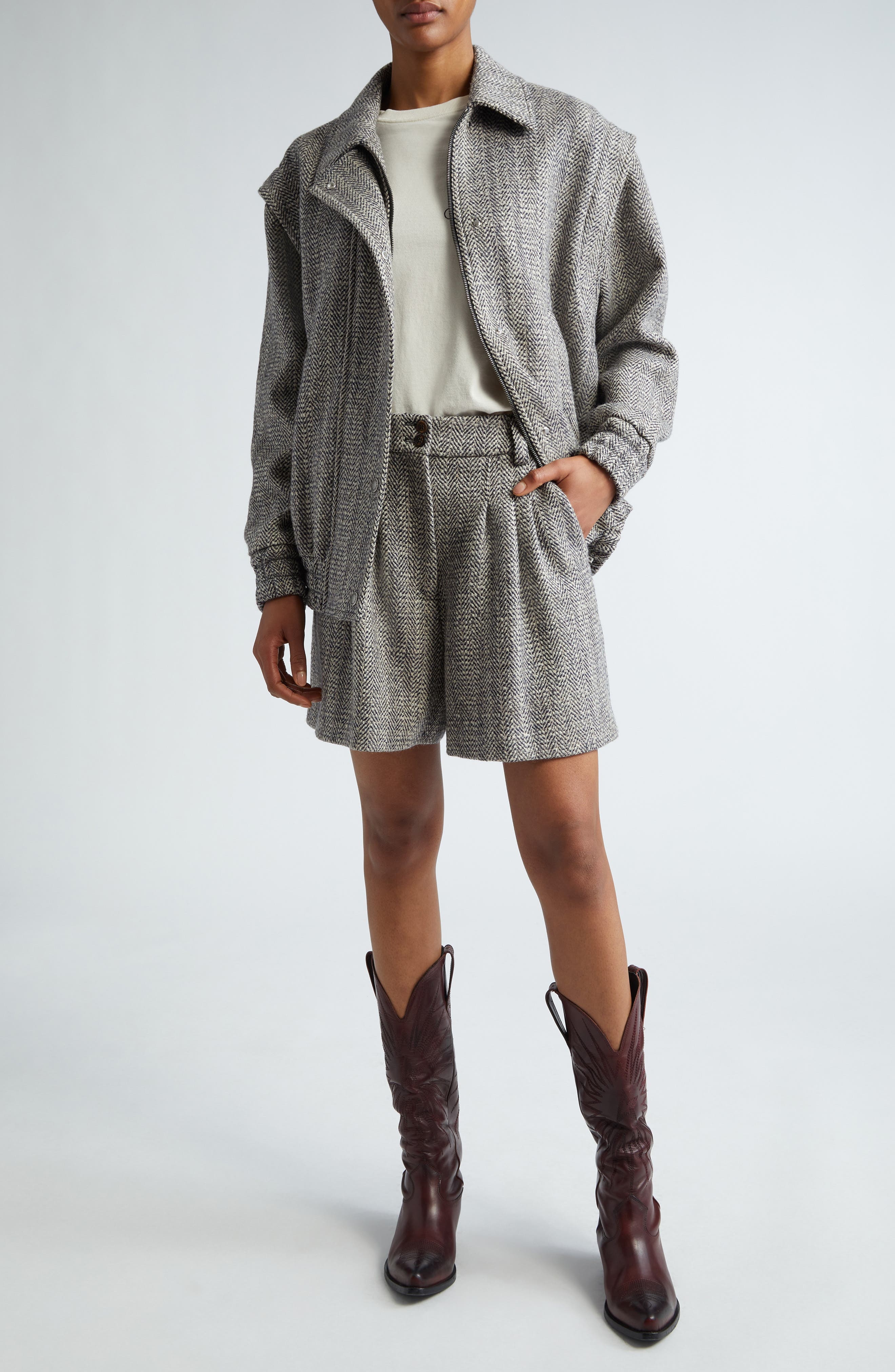 Golden Goose Journey Wool Blend Herringbone Bomber Jacket in Midnight/Ecru at Nordstrom - 3