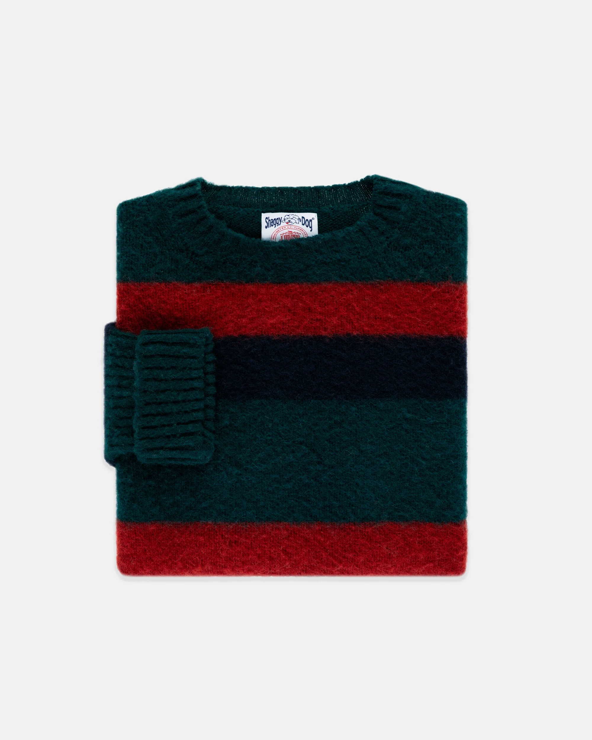 MADE-IN-SCOTLAND SHAGGY DOG GREEN, NAVY & RED REGIMENTAL STRIPE SWEATER - CLASSIC FIT - 1