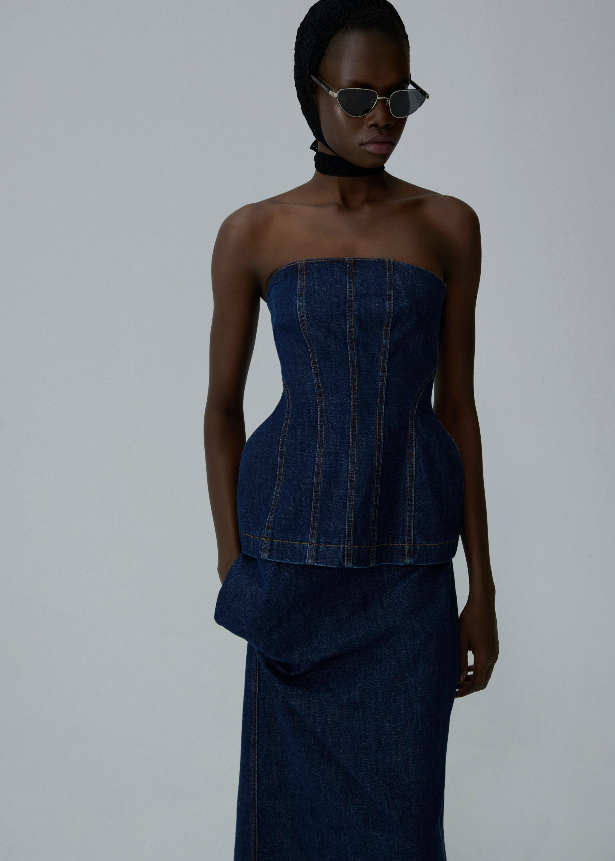 Strapless denim corset top in navy blue - 3