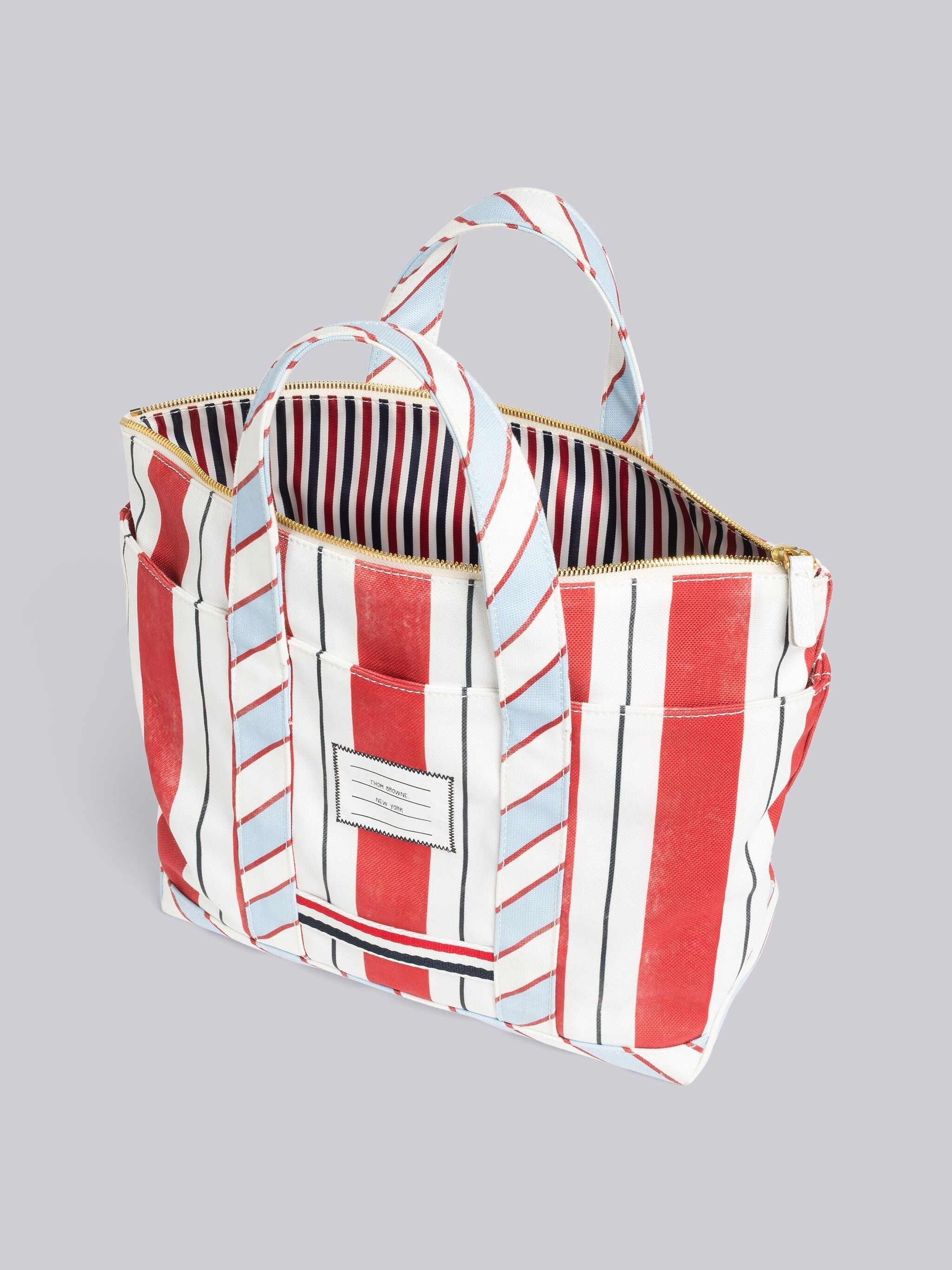 【Thom Browne】Washed Striped Canvas Small Tool Tote Bag Red Thom Browne Washed Striped Canvas Small Tool Tote | REVERSIBLE