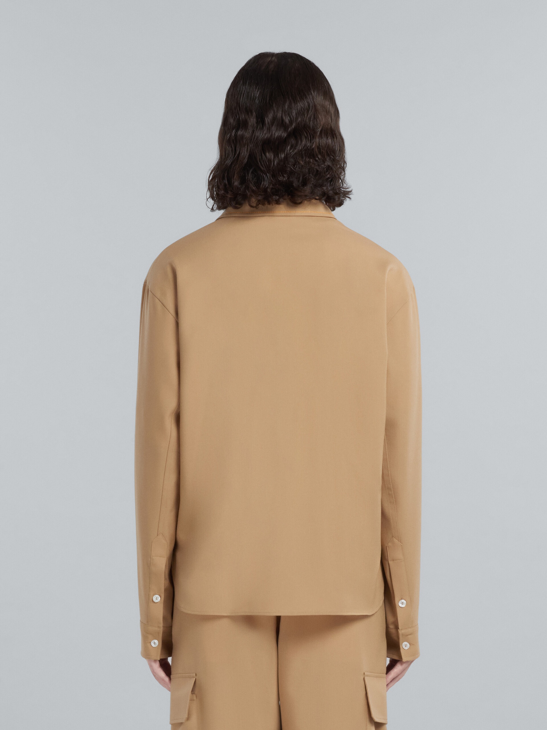 BEIGE TROPICAL WOOL SHIRT WITH EMBROIDERED LOGO - 3