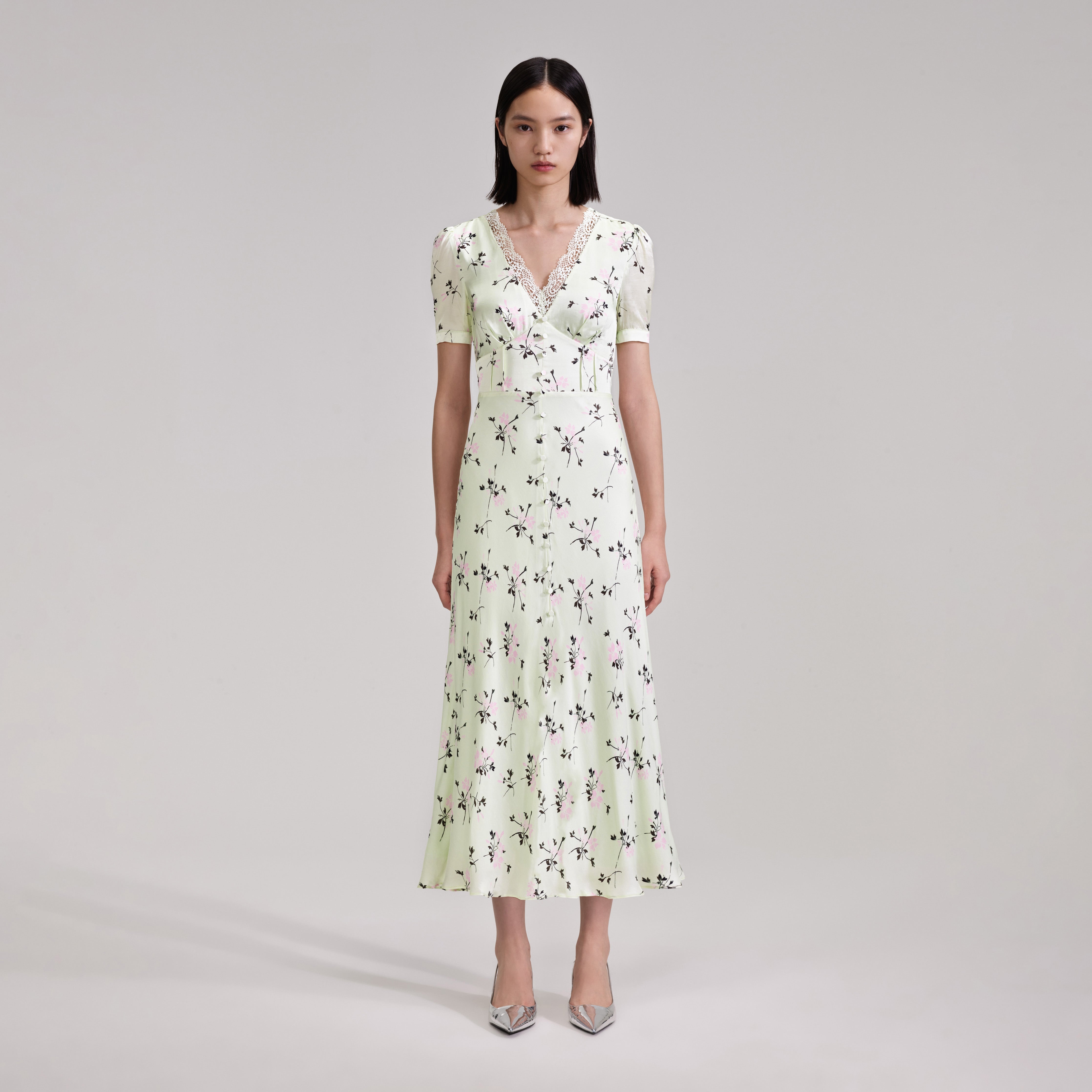 Green Floral Print Lace Detail Midi Dress - 1