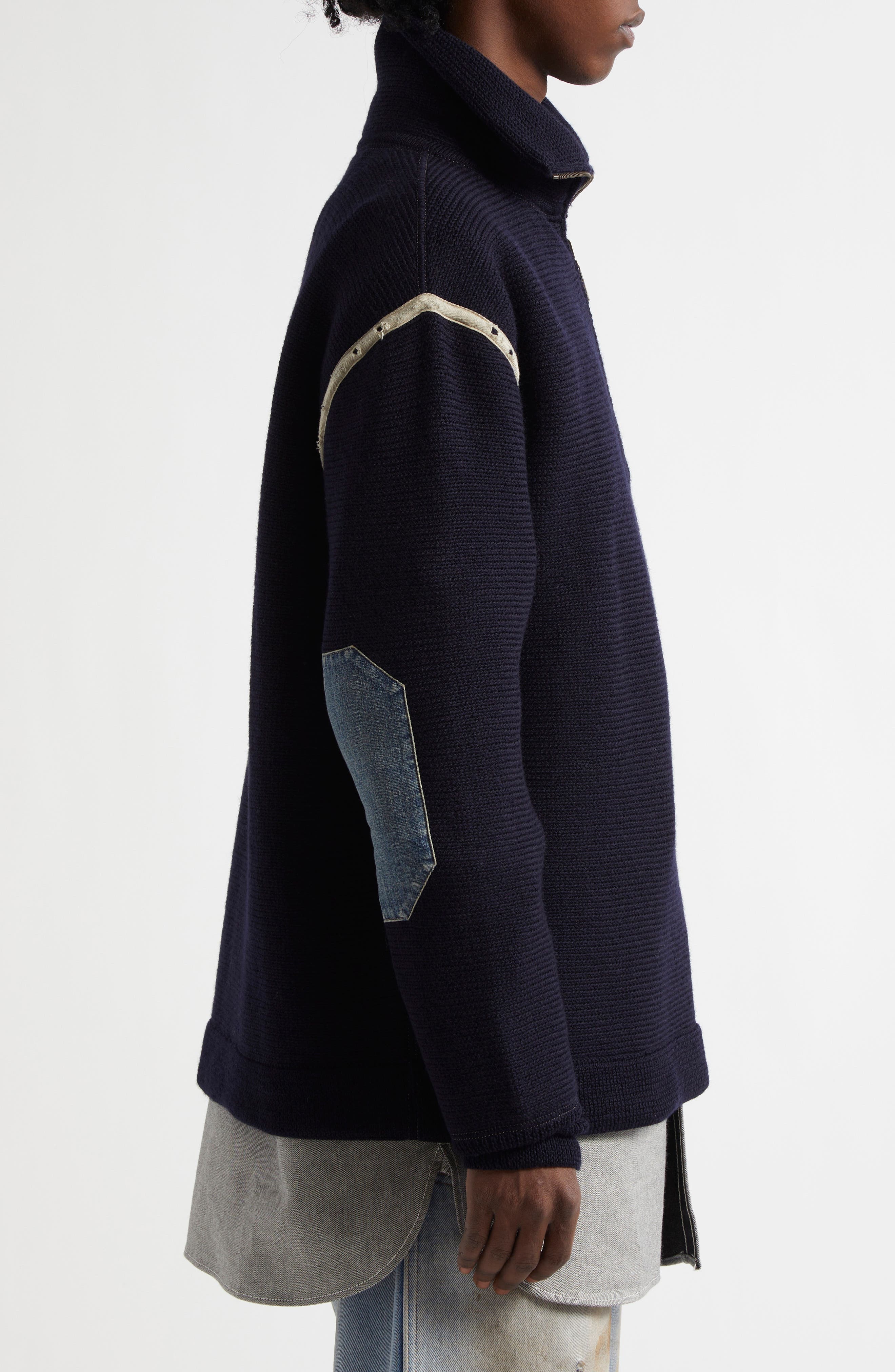 Maison Margiela Elbow Patch Half Zip Wool Pullover in Navy at Nordstrom - 5