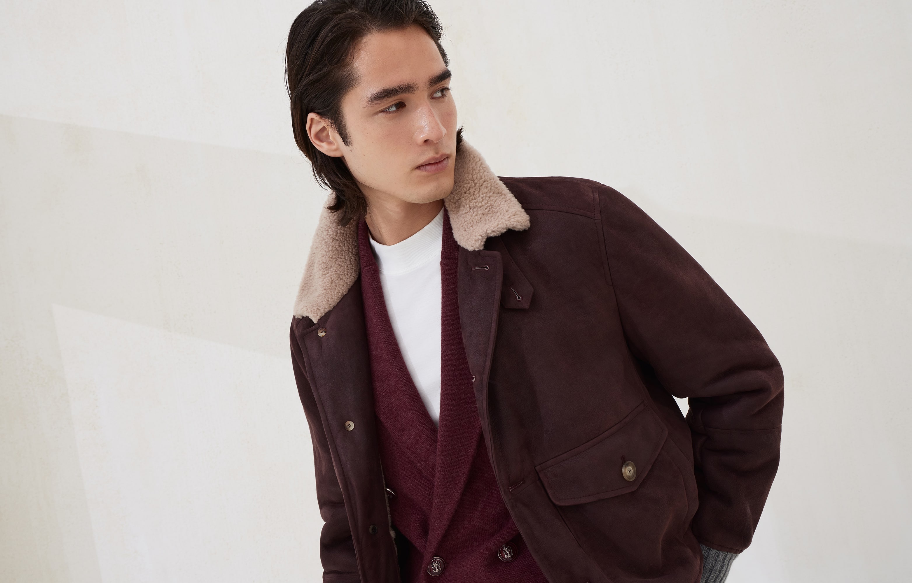 Nubuck-effect shearling aviator jacket with cashmere knit inserts - 6