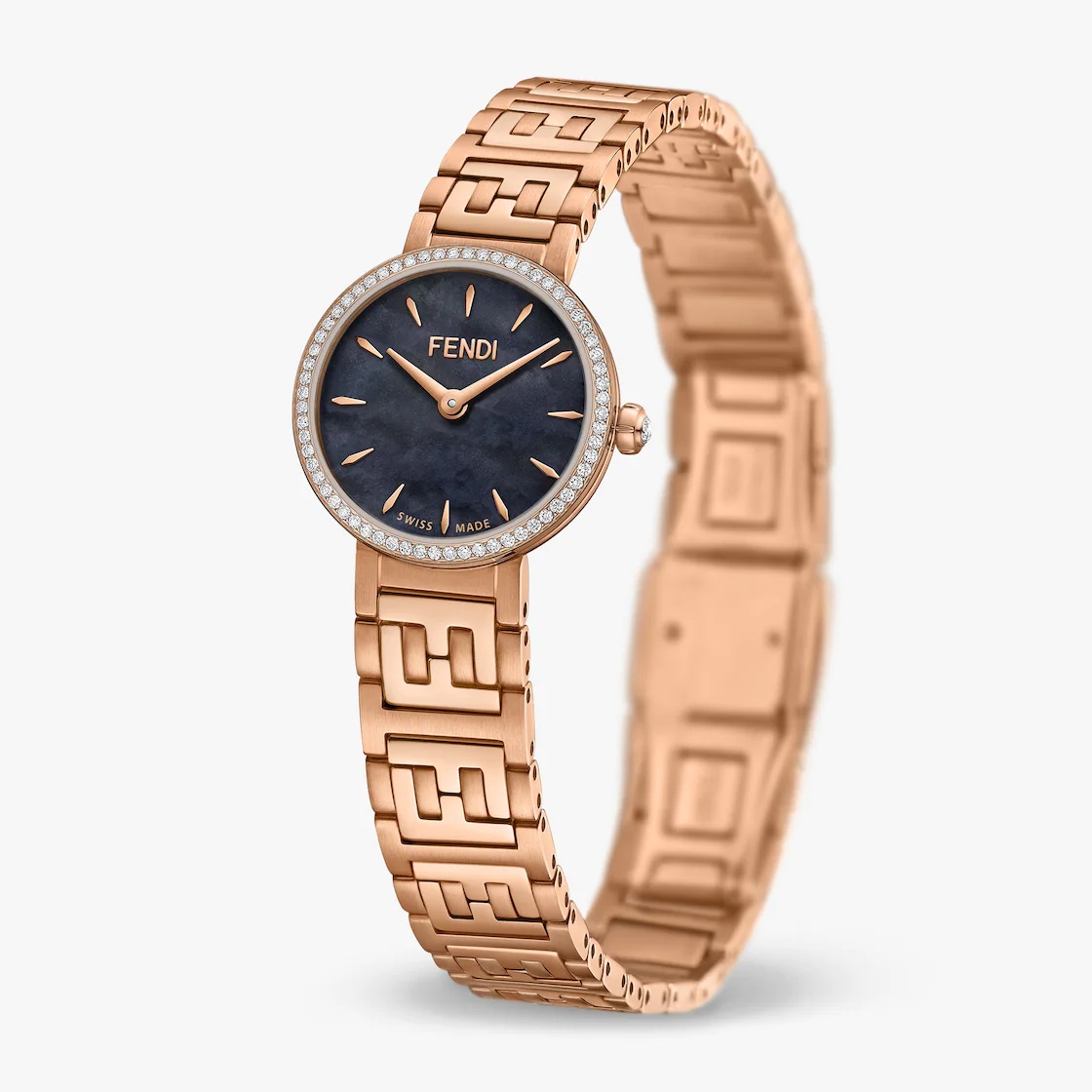 Polished and brushed rose-gold-colored stainless steel case, bezel set with 64 diamonds, approx. 0.1 - 2