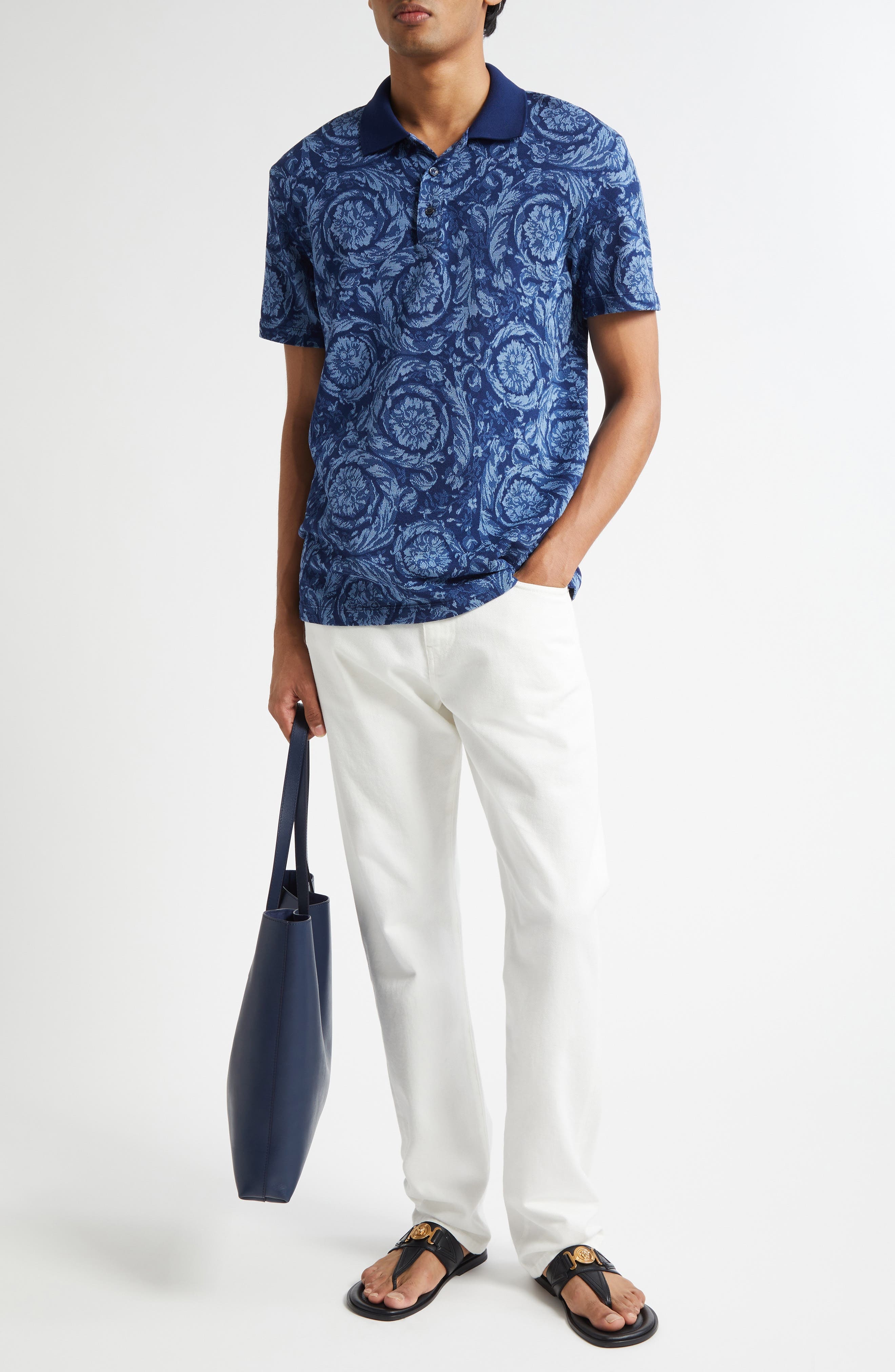 Versace Barocco Jacquard Cotton Piqué Polo in Ink Celeste at Nordstrom - 2