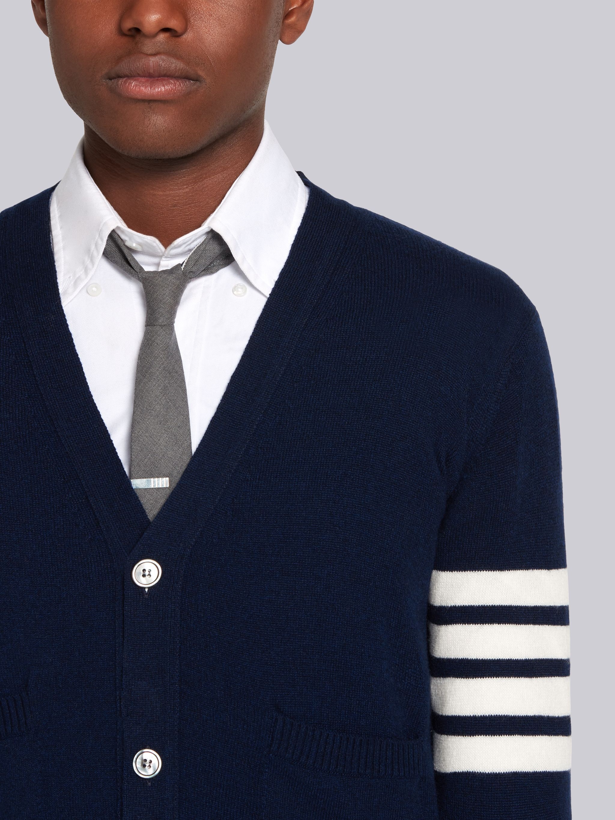 Navy Cashmere 4-bar V-neck Cardigan - 5