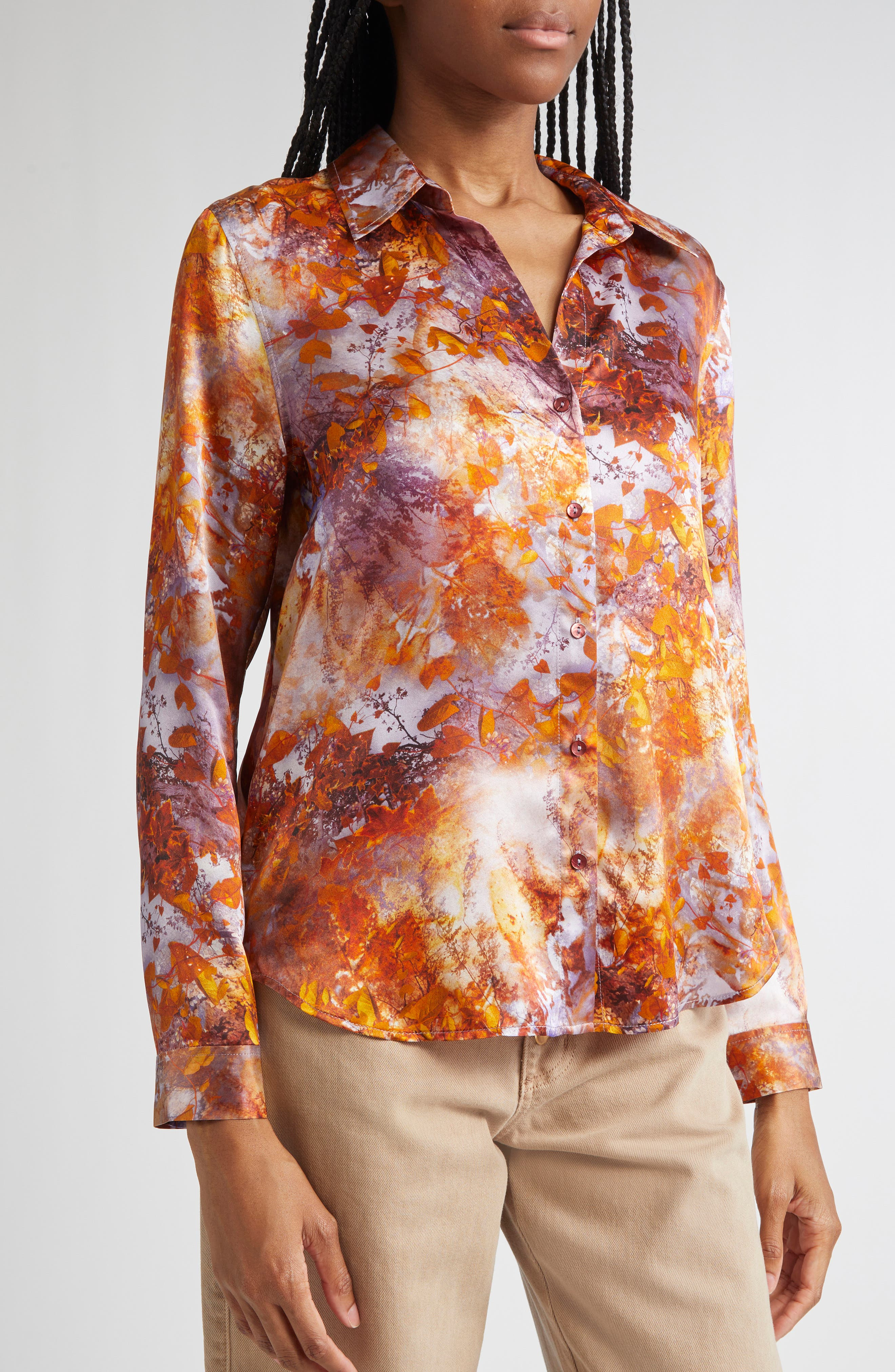 L'AGENCE Tyler Leaf Print Silk Button-Up Shirt in Mauve Multi Autumn Leaves at Nordstrom - 5