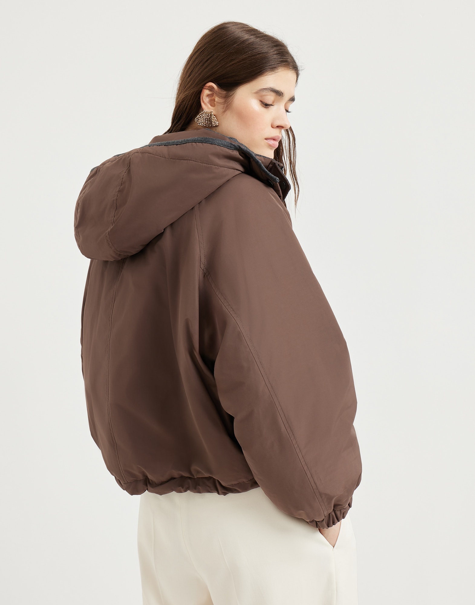 Techno cotton water-resistant taffeta cropped down jacket with detachable hood and shiny zipper pull - 2