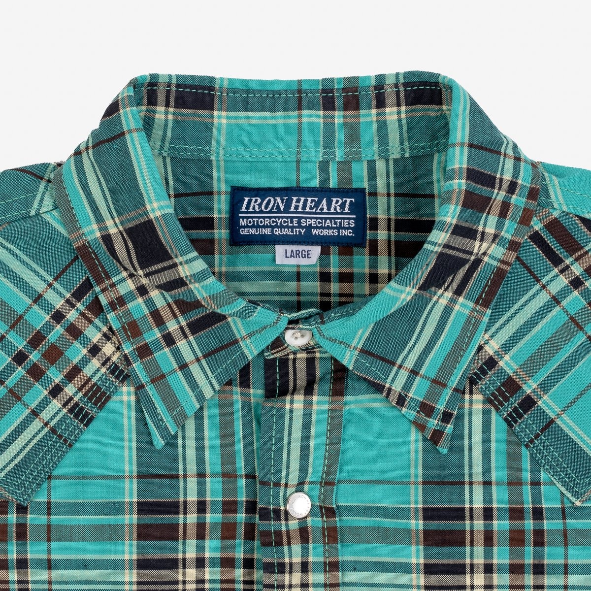 IHSH-359-GRN 5oz Selvedge Madras Check Short Sleeved Western Shirt - Green - 7