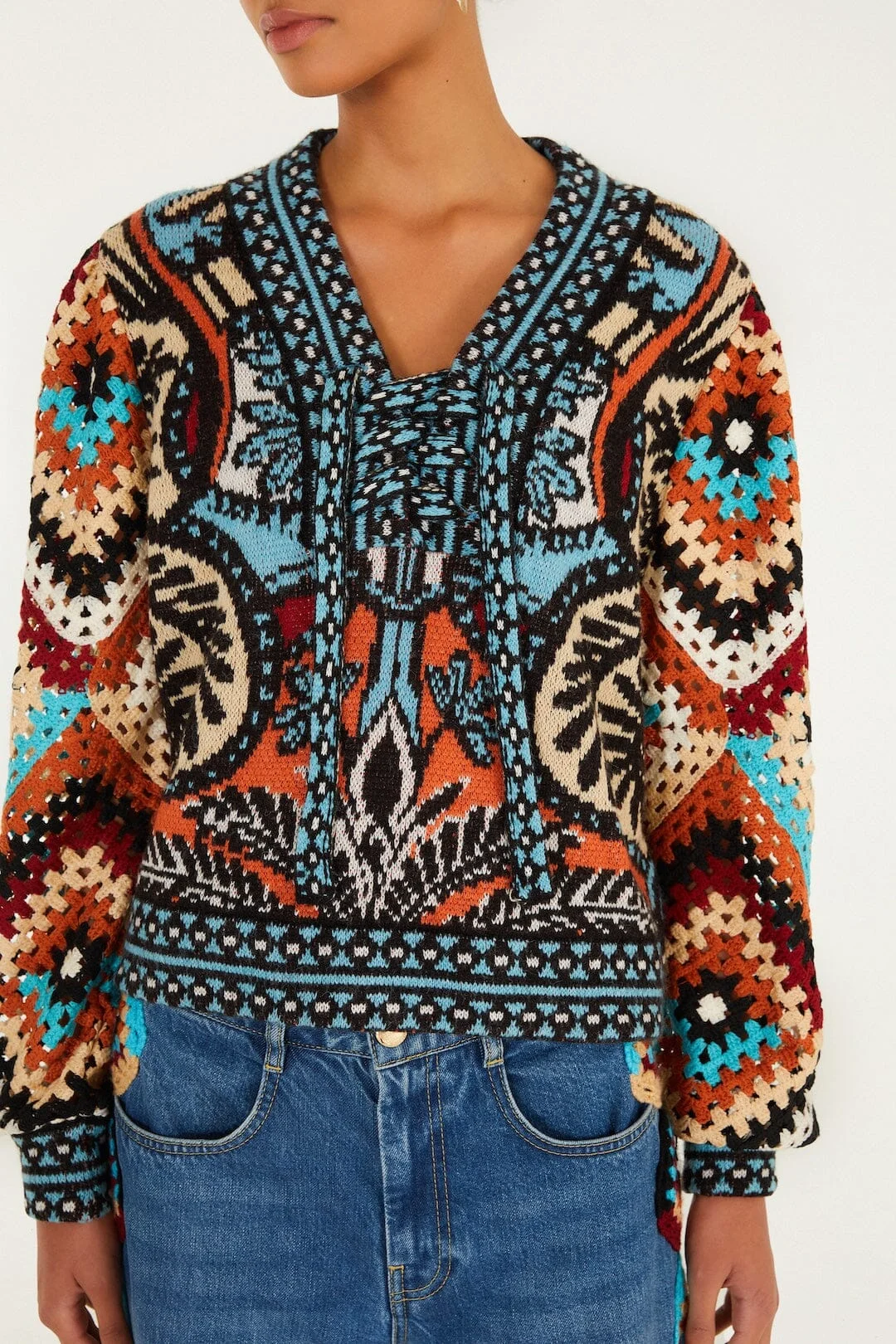 Multicolor Balamana Crochet Sleeve Knit Sweater - 1