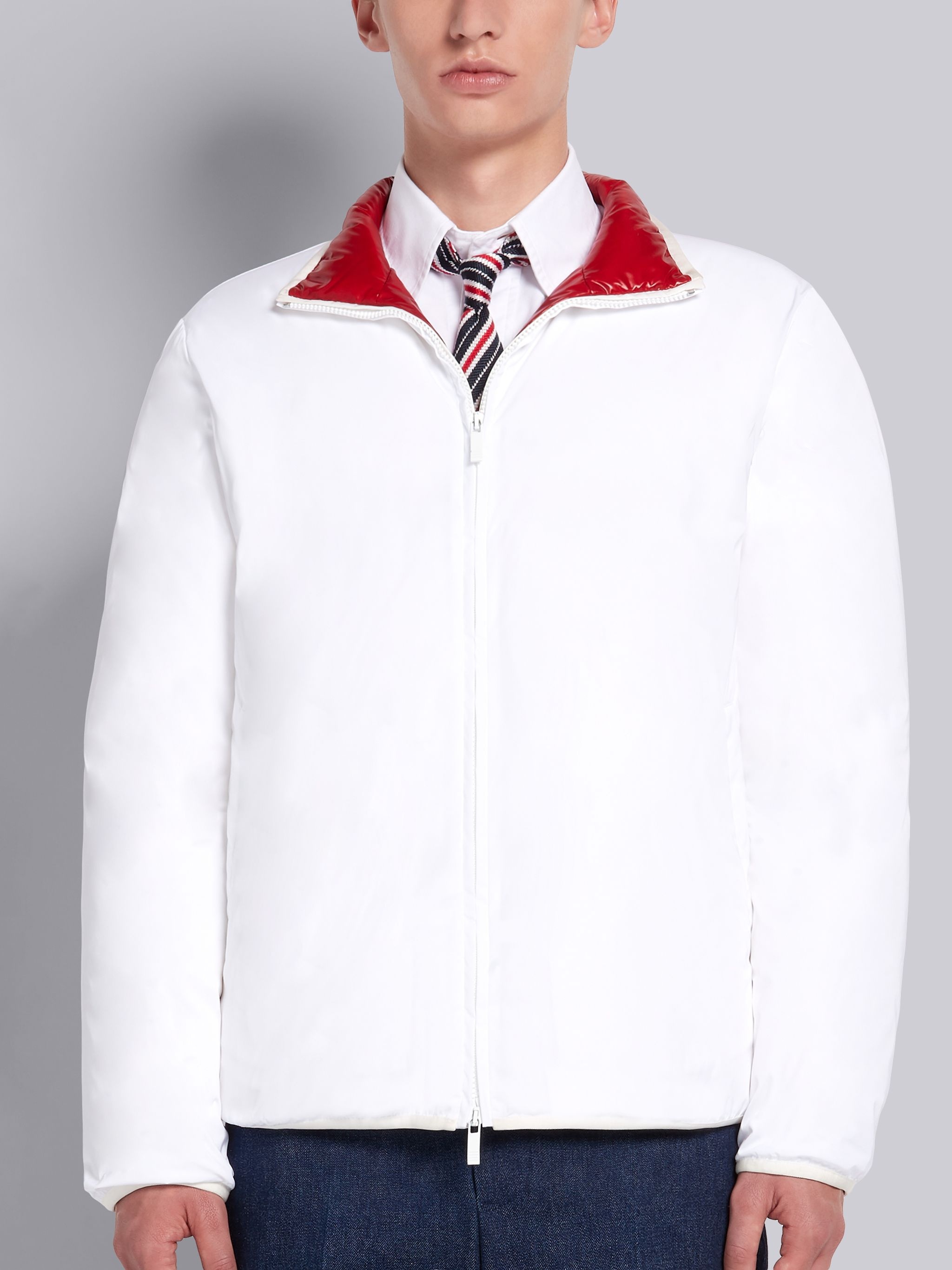 White Down Filled Poly Twill Reversible Zip-up Funnel Neck Jacket - 1