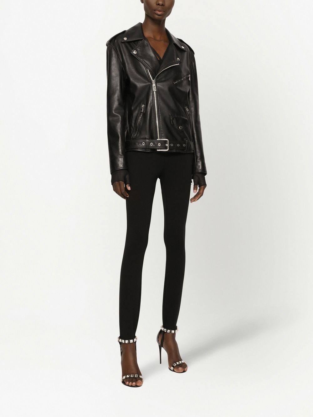 zipped leather biker jacket - 3