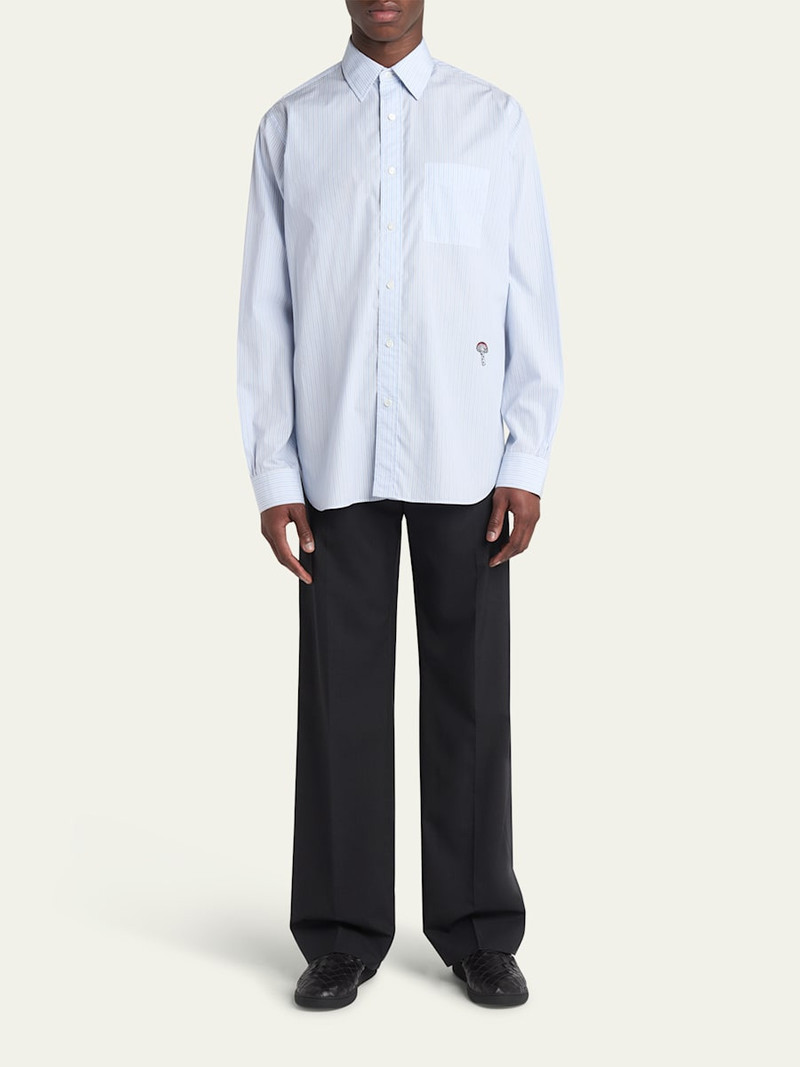 Bottega Veneta Men's Fine Stripe Poplin Shirt with Embroidered Mushroom Patch outlook