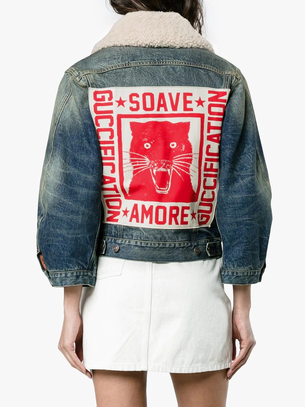 Guccification print cropped denim jacket - 4