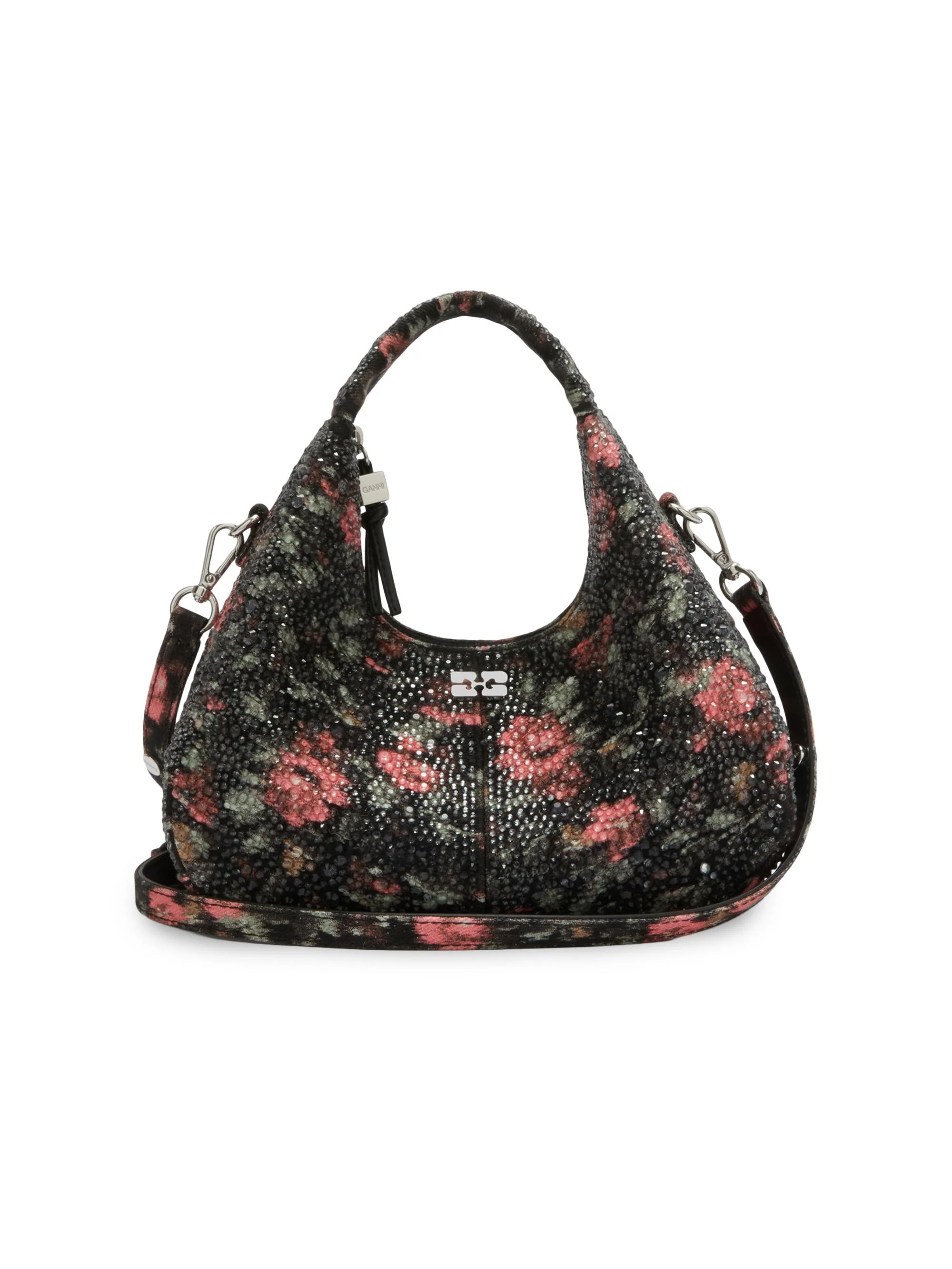Women's Mini Embellished Flower-Motif Hobo Bag - Black - 1