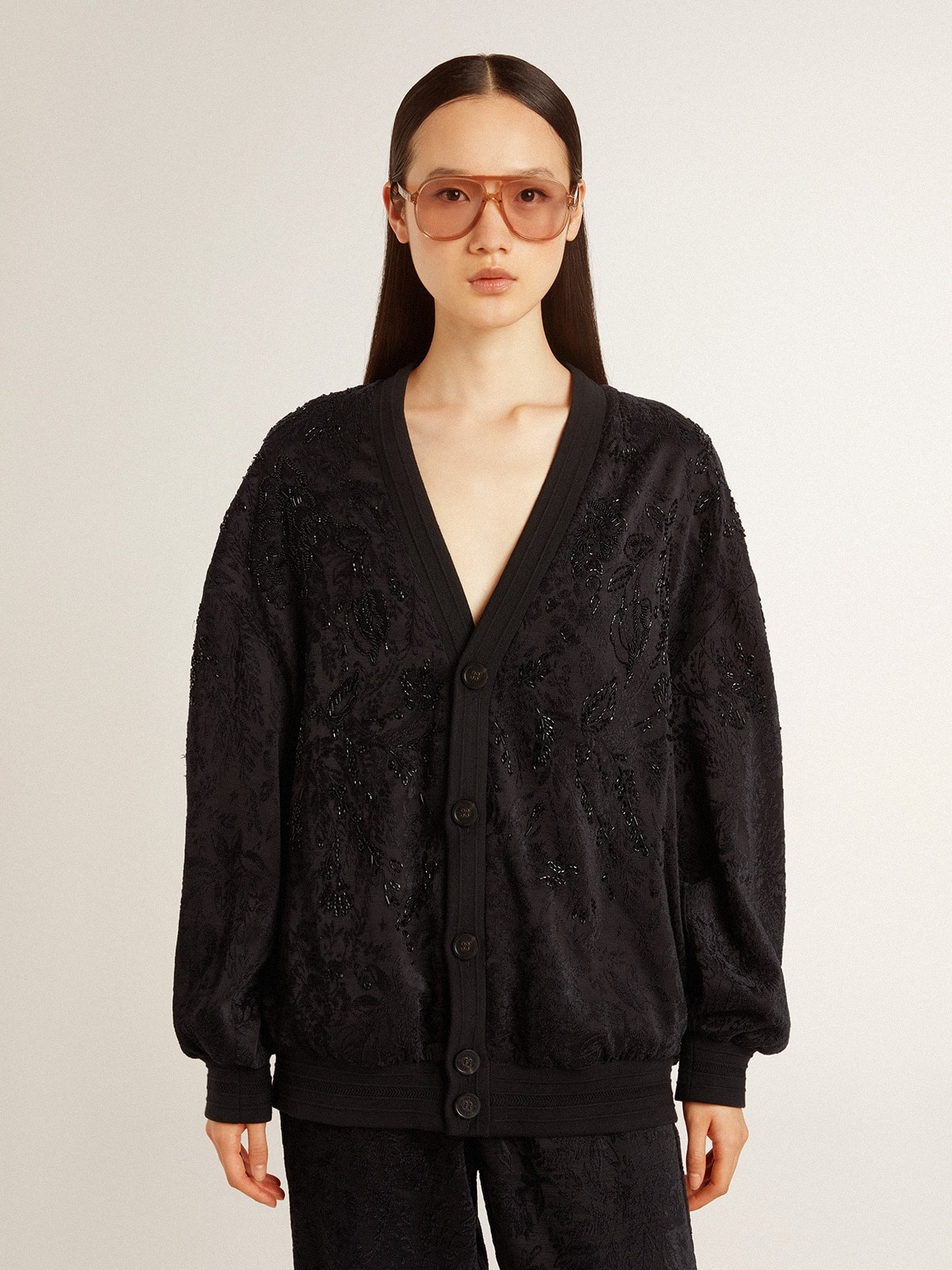 Women's black cardigan with tone-on-tone toile de jouy bead embroidery - 2