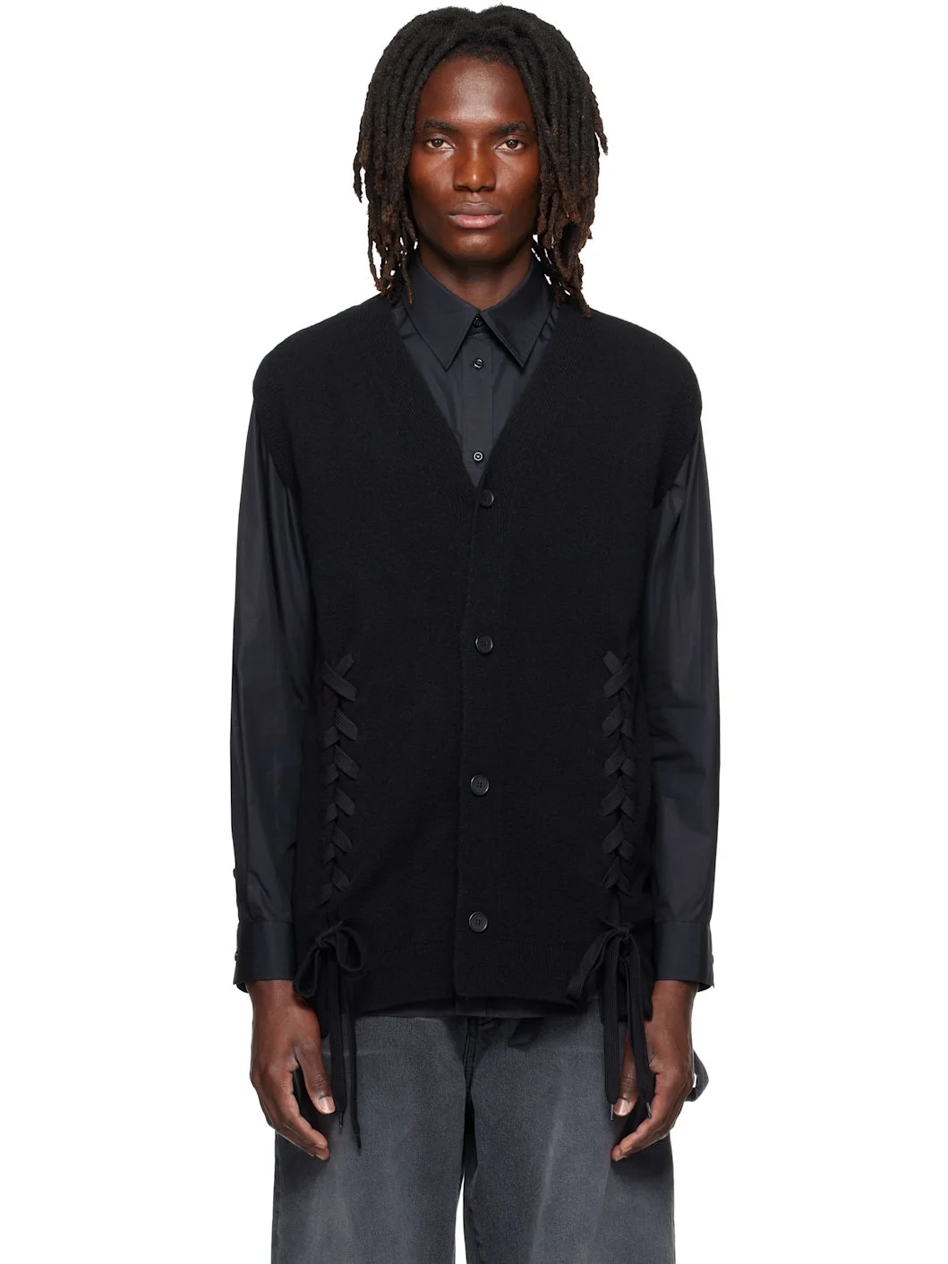 Black Merino Lace Up Hem Vest - 1