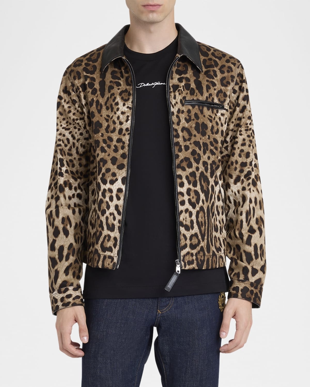 Dolce & Gabbana Men's Leopard-Print Leather-Trim Full-Zip