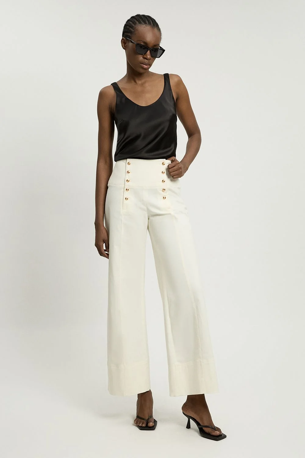 Petite Cotton Tailored Button Detail Trousers - 1