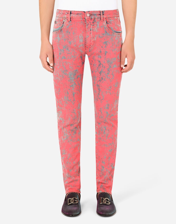 Slim-fit stretch jeans with marbled print - 1