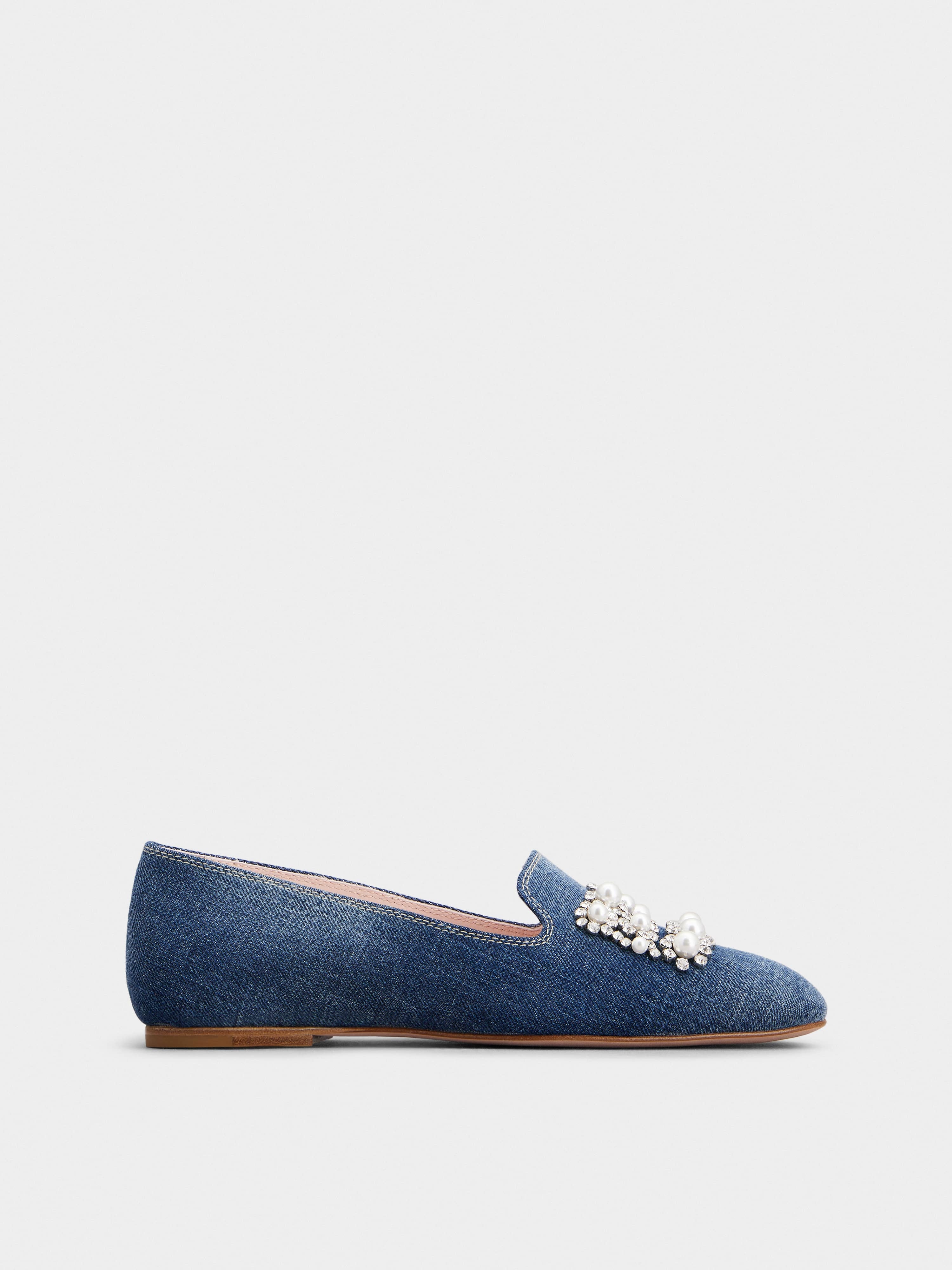 Pearl Embroidered Buckle Loafers in Denim - 1