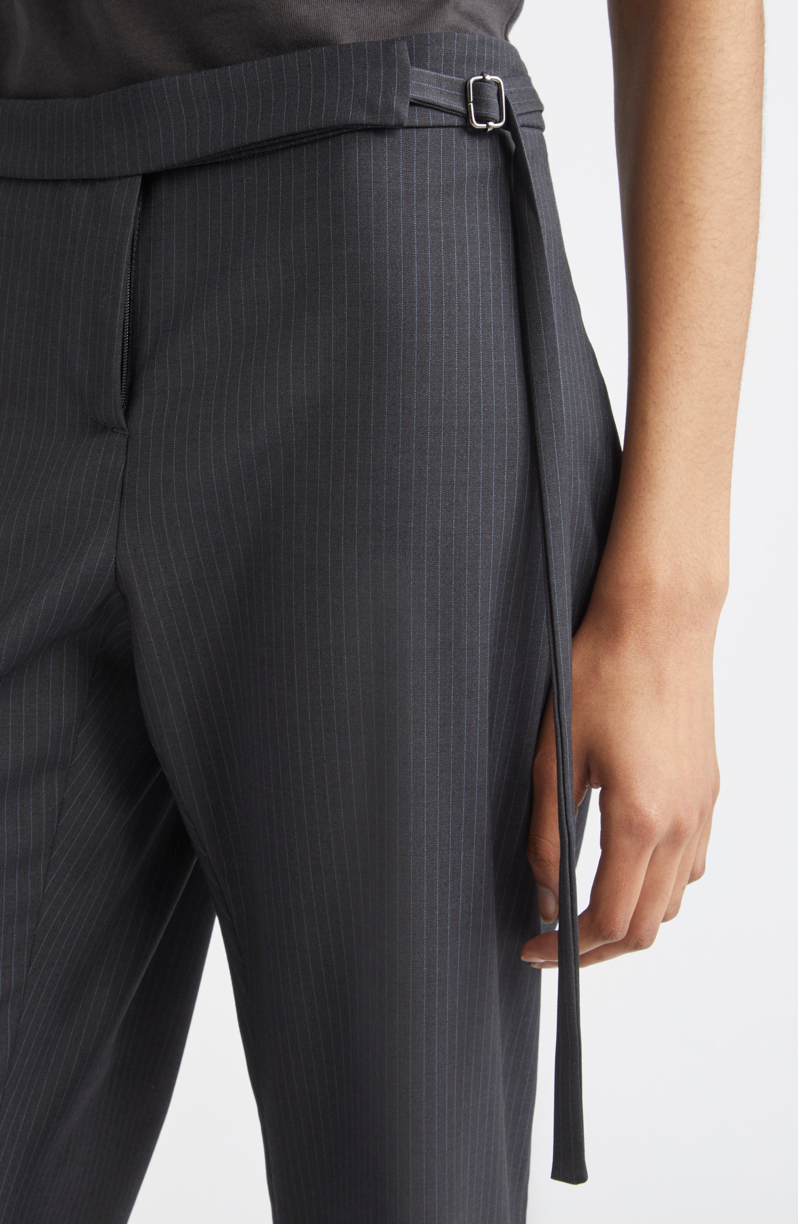 Paloma Wool Bigas Pinstripe Tie Detail Straight Leg Crop Trousers in Dark Grey at Nordstrom - 4