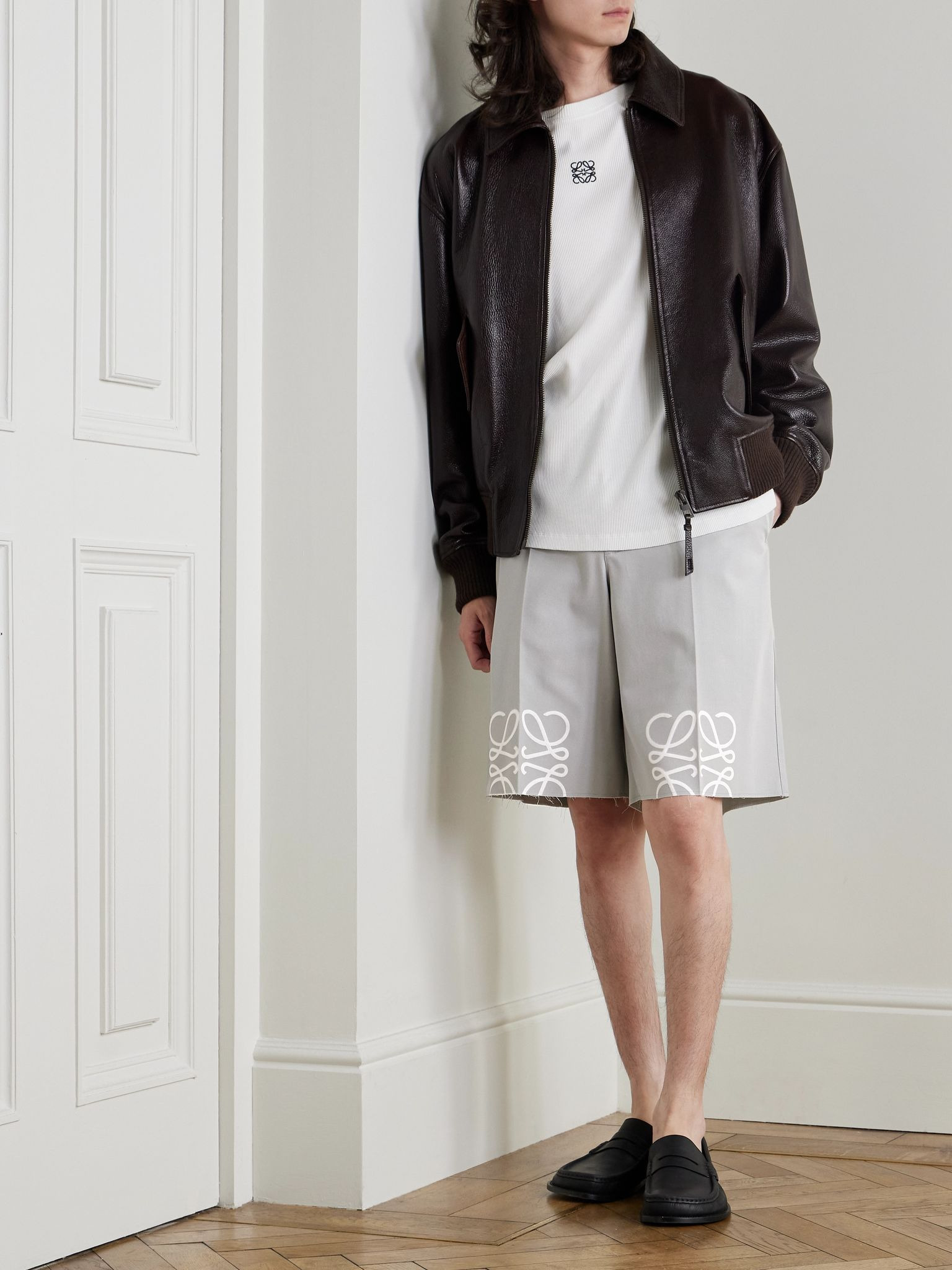 Straight-Leg Logo-Print Distressed Cotton-Twill Shorts Light gray - 2