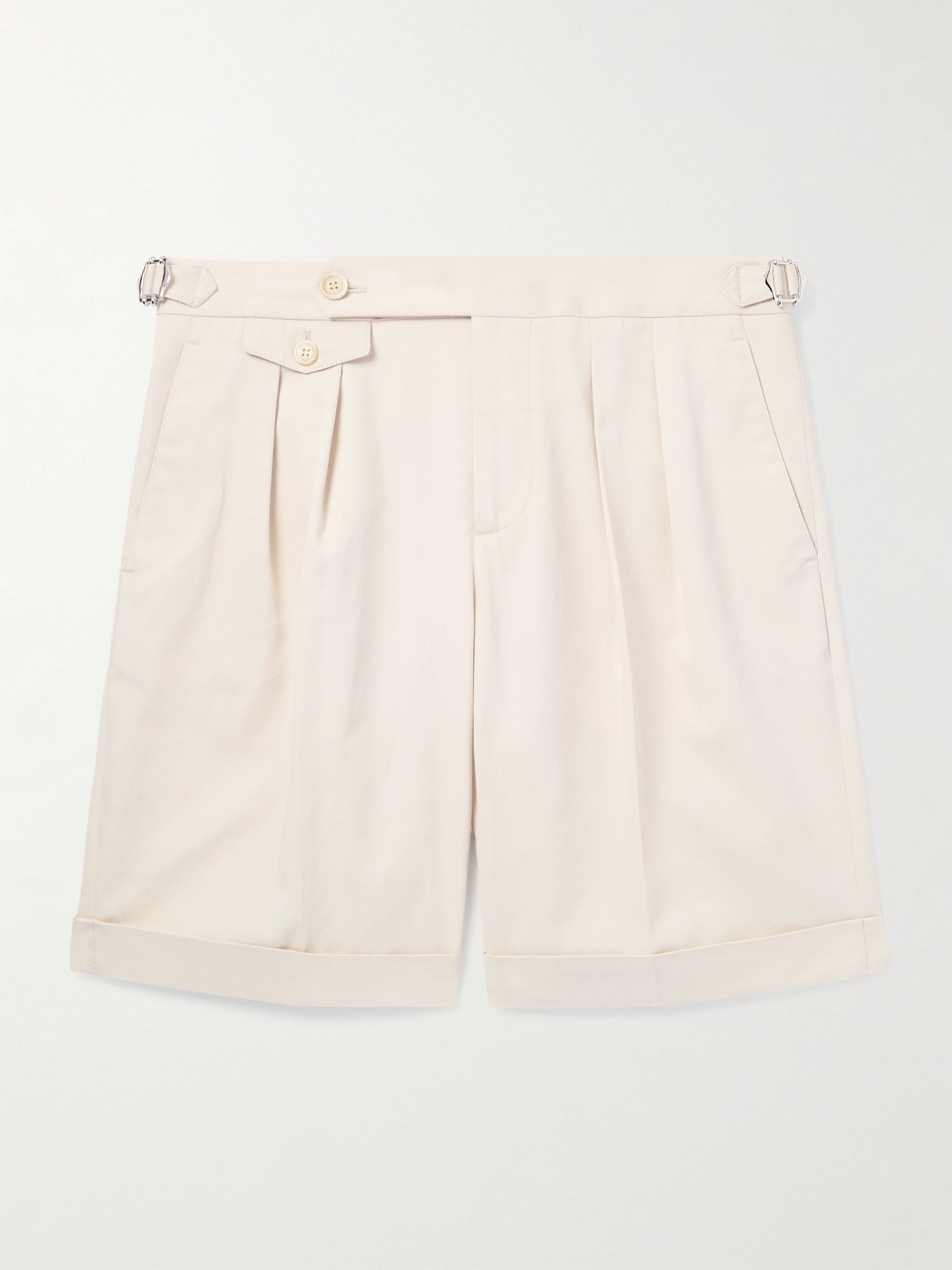 Straight-Leg Pleated Cotton-Twill Shorts Beige - 1
