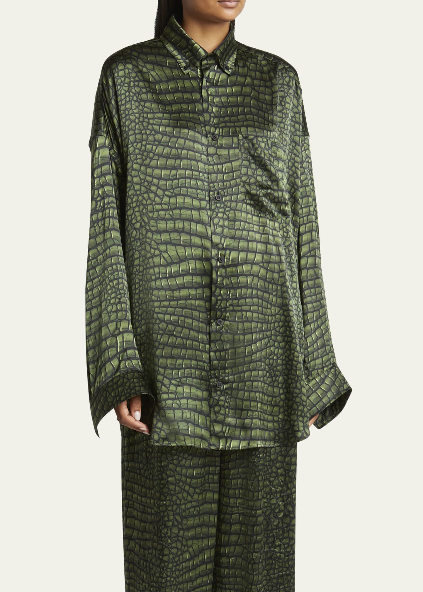 Crocodile Print Satin Button Down Cocoon Blouse - 4
