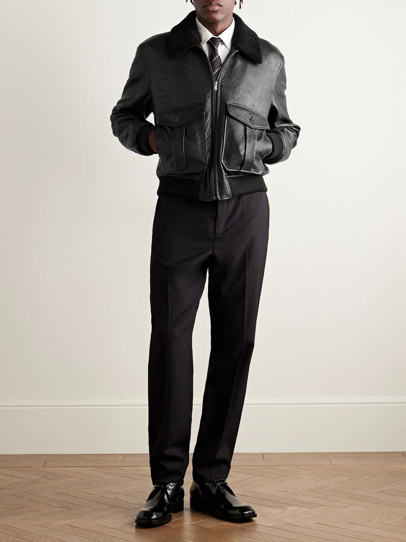 SAINT LAURENT Shearling-Trimmed Full-Grain Leather Jacket Black outlook