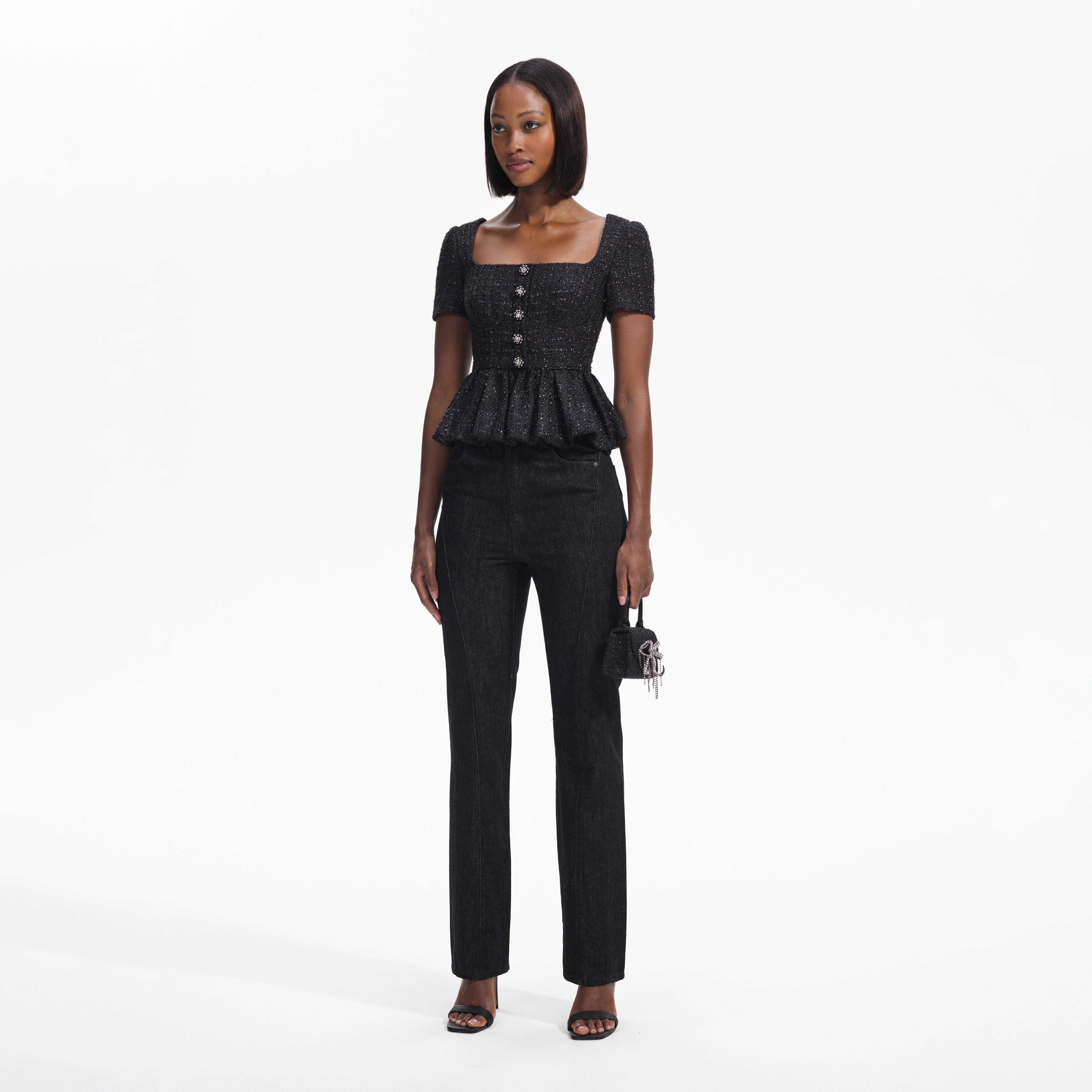 Black Boucle Peplum Top - 2