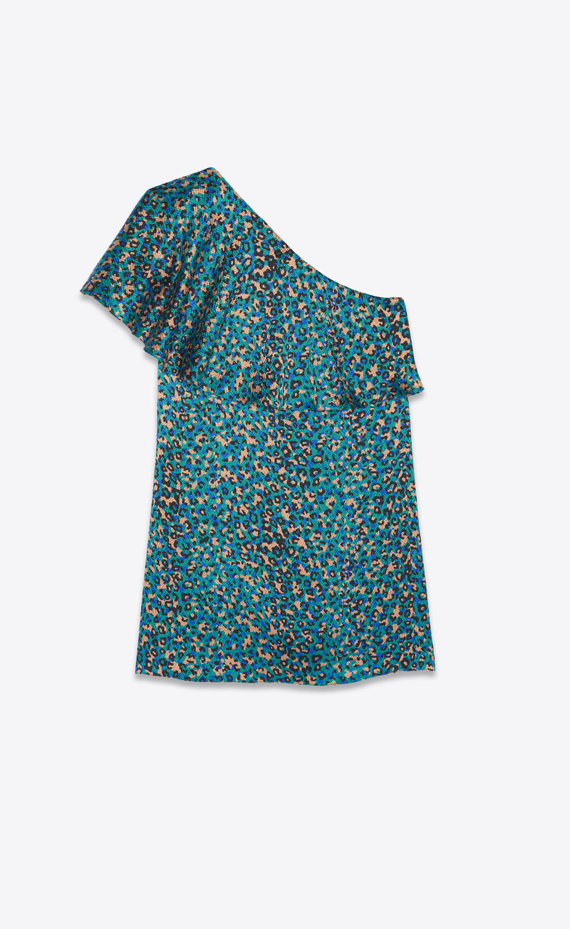 SAINT LAURENT one-shoulder ruffle mini dress in leopard print silk outlook
