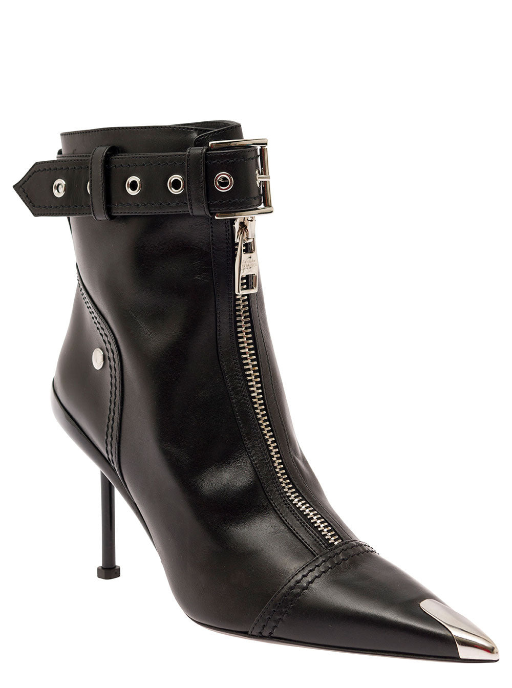 Alexander Mcqueen Women Black Ankle Boots With Buckle And Zip Closure In Leather Women - 2