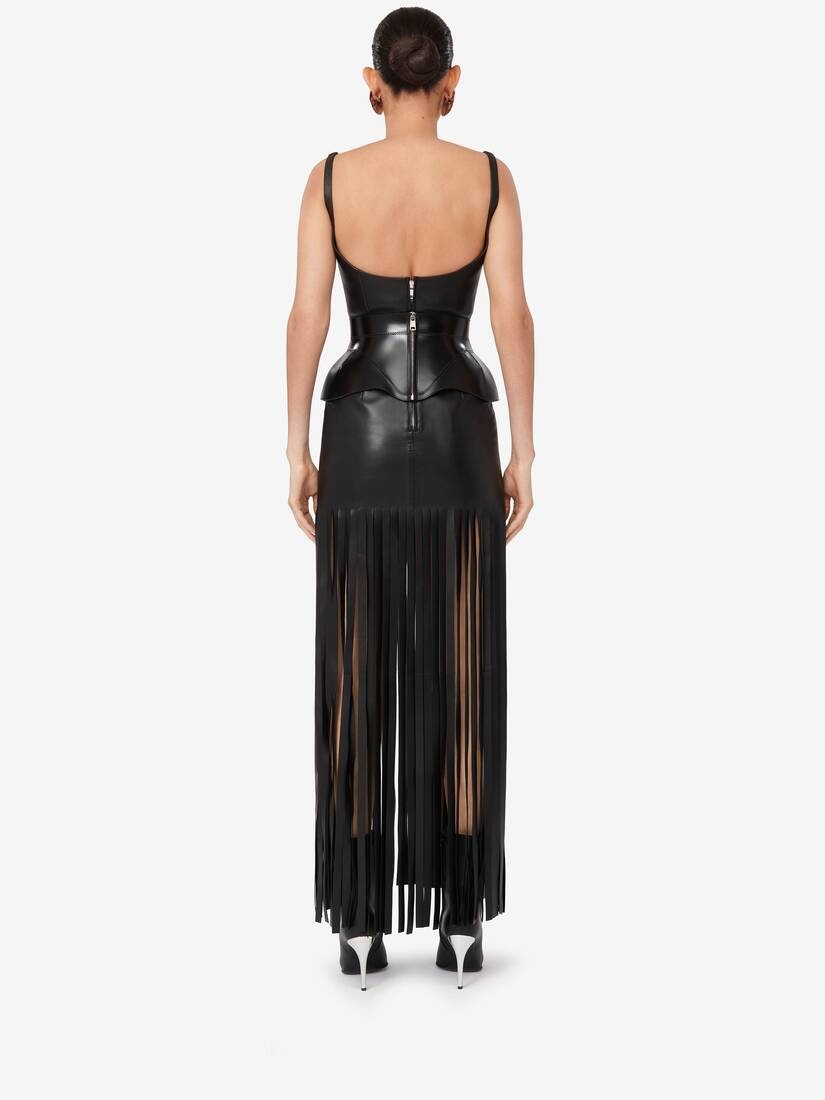 Women's Fringed Leather Pencil Dress in Black - 4